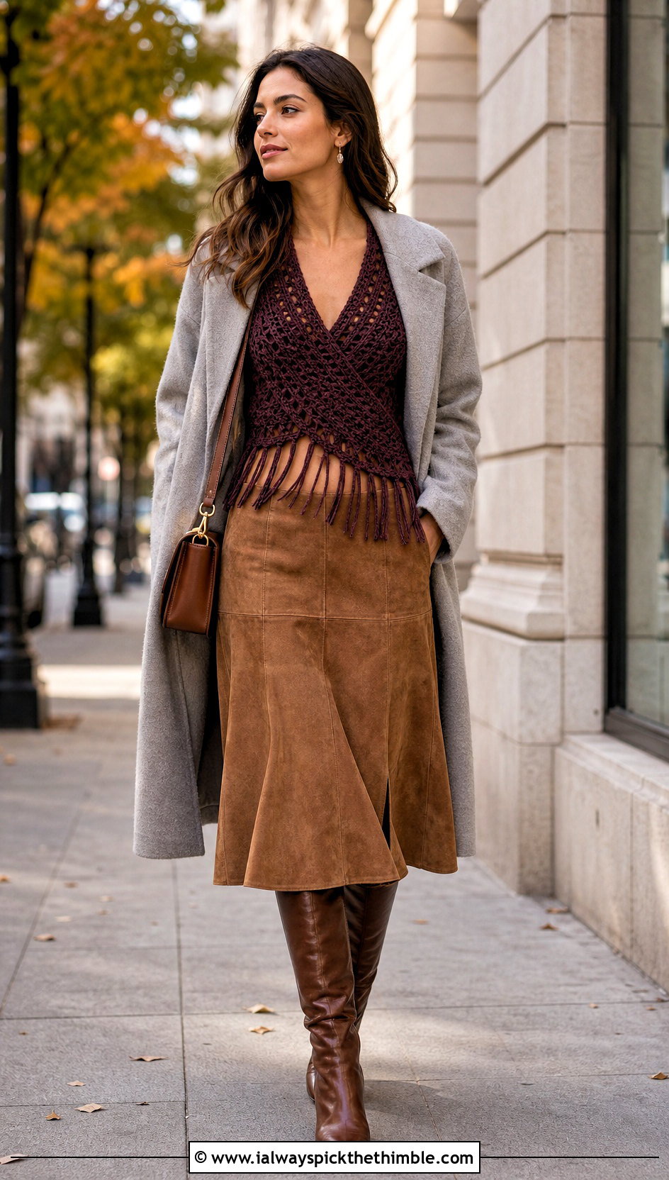 Fringe Crochet Wrap Top With Suede Midi Skirt - 20 crochet wrap around top outfit ideas