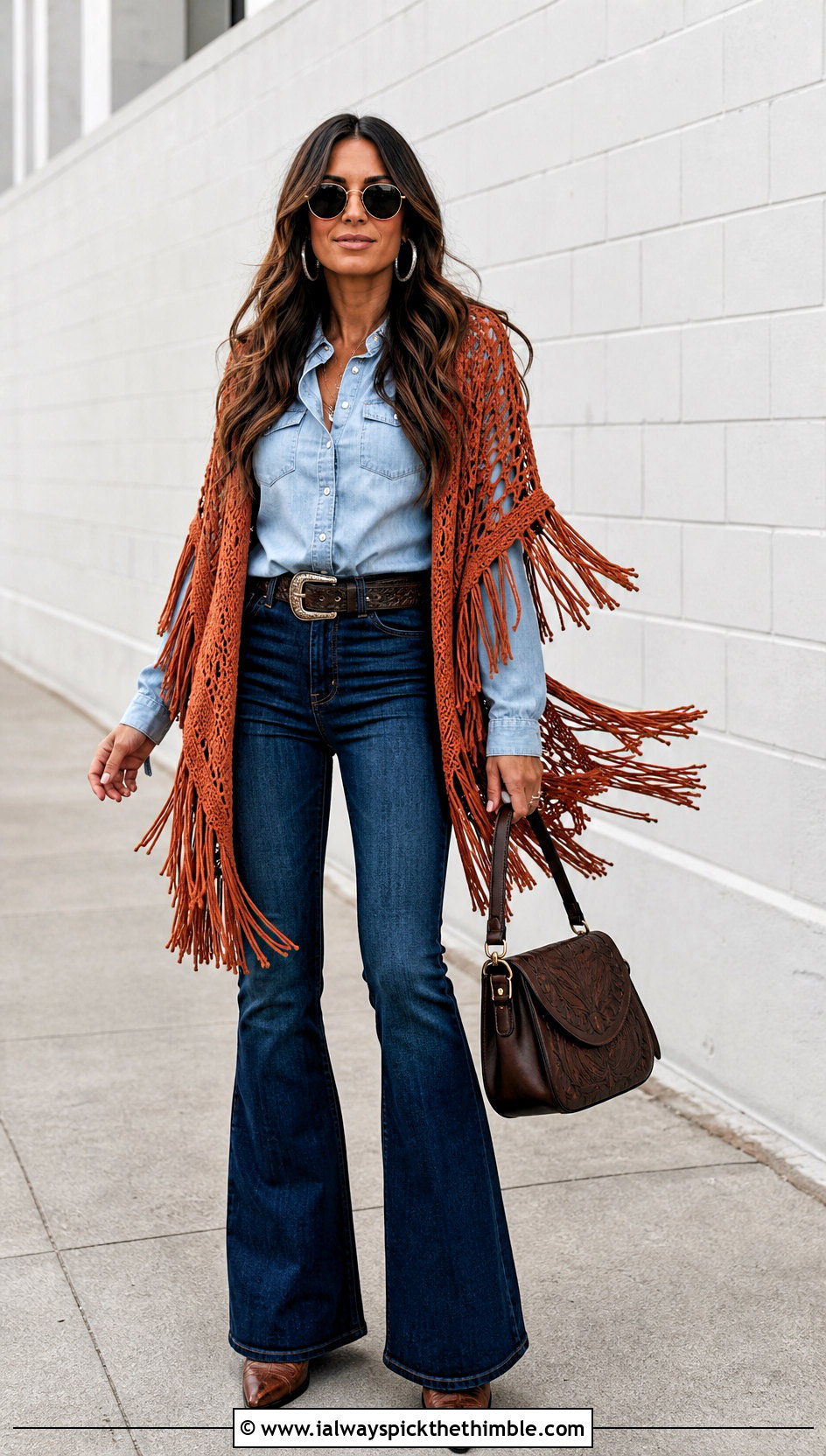 Fringe Crocheted Bolero With Denim Shirt And Flared Jeans - 25 crocheted bolero outfit ideas