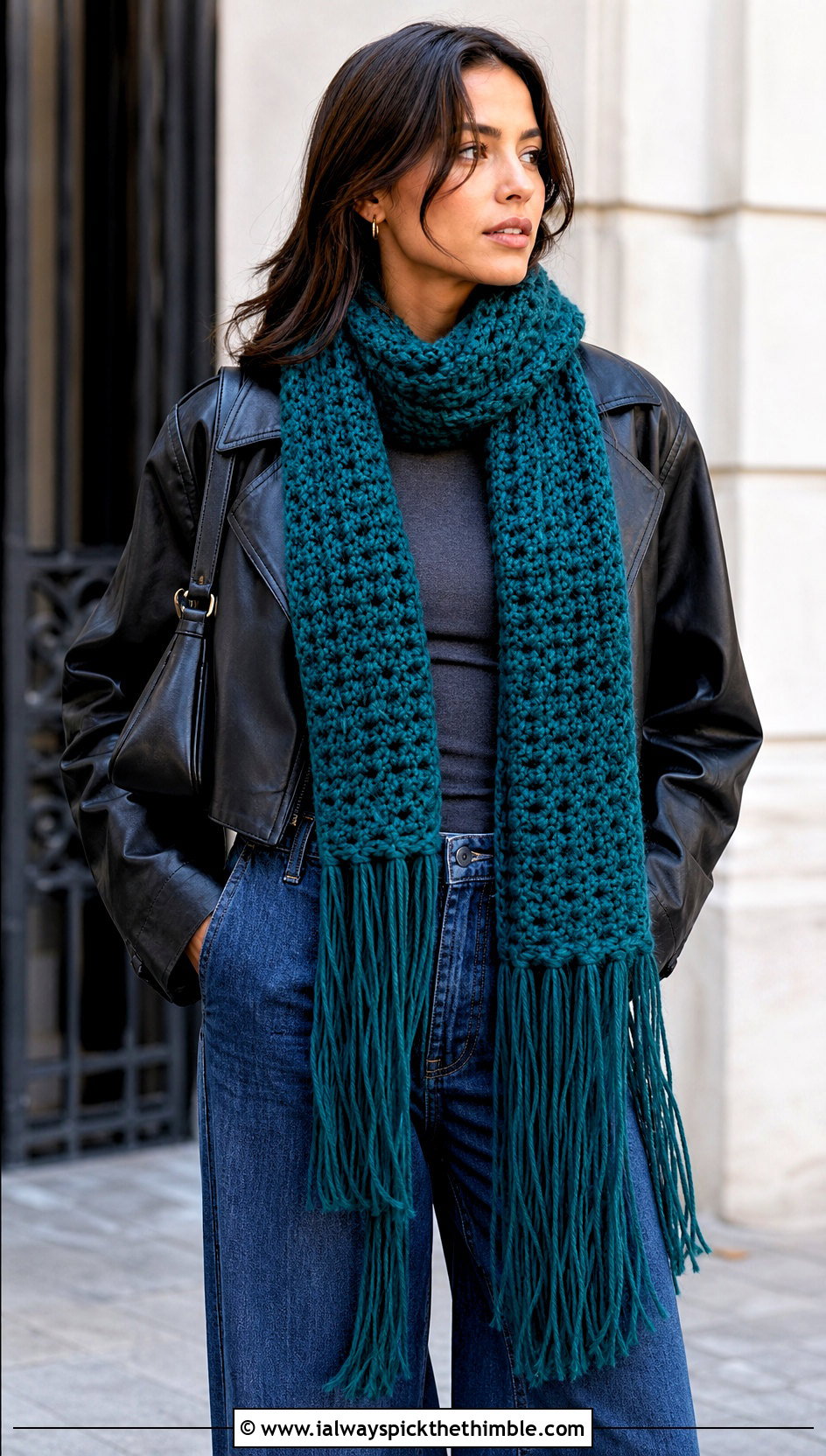 Fringe Double Crochet Scarf With Leather Jacket - 25 double crochet scarf outfit ideas