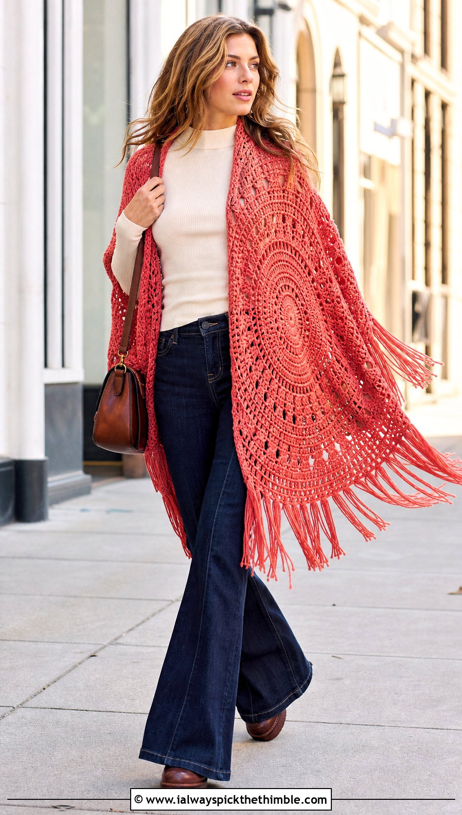 Fringe Edge Crochet Mandala Shawl With Flared Jeans - 20 Crochet Mandala Shawl outfit ideas
