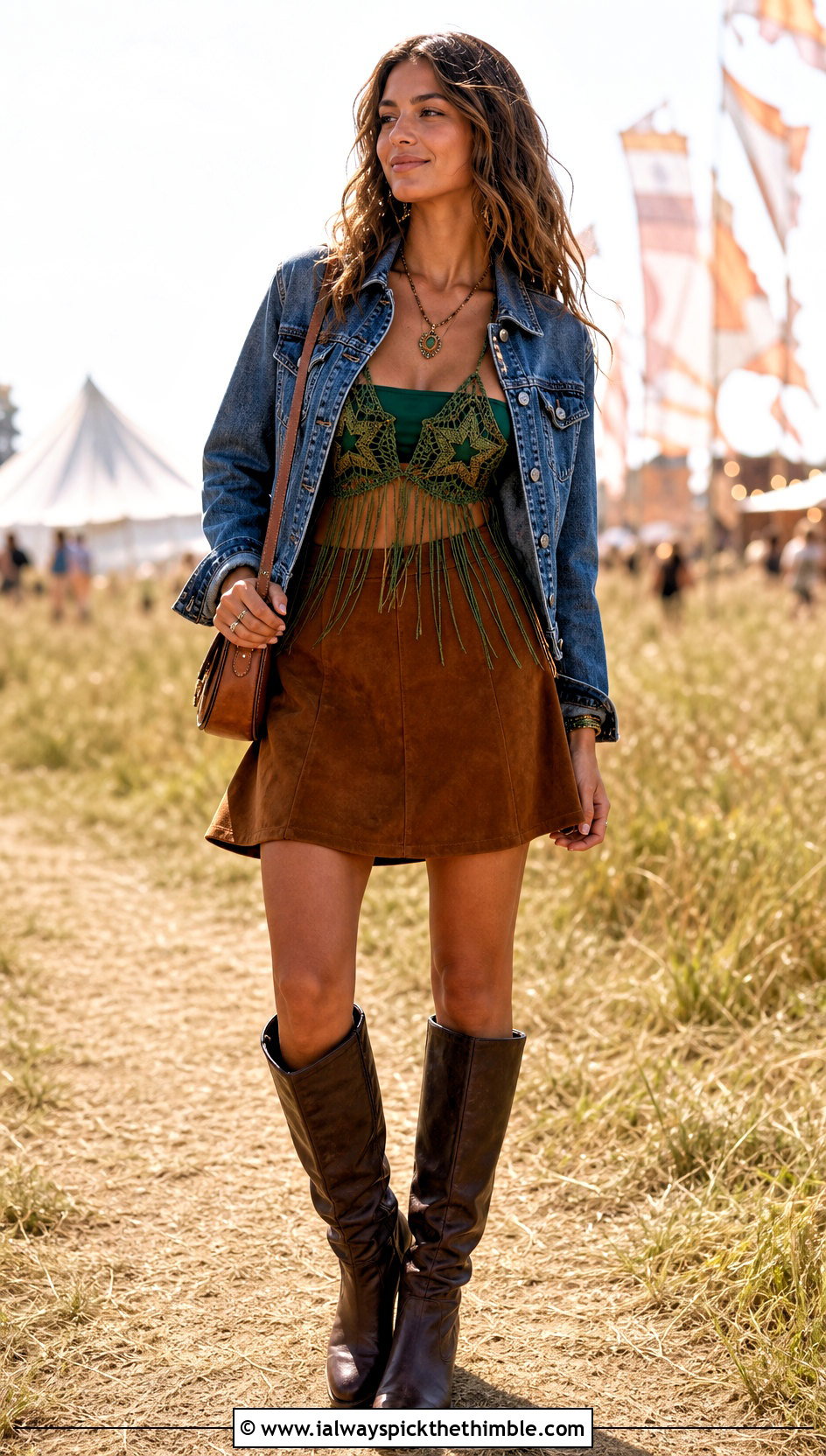 Fringe Edge Crochet Star Bra With A Suede Skirt - 20 crochet star bra outfit ideas