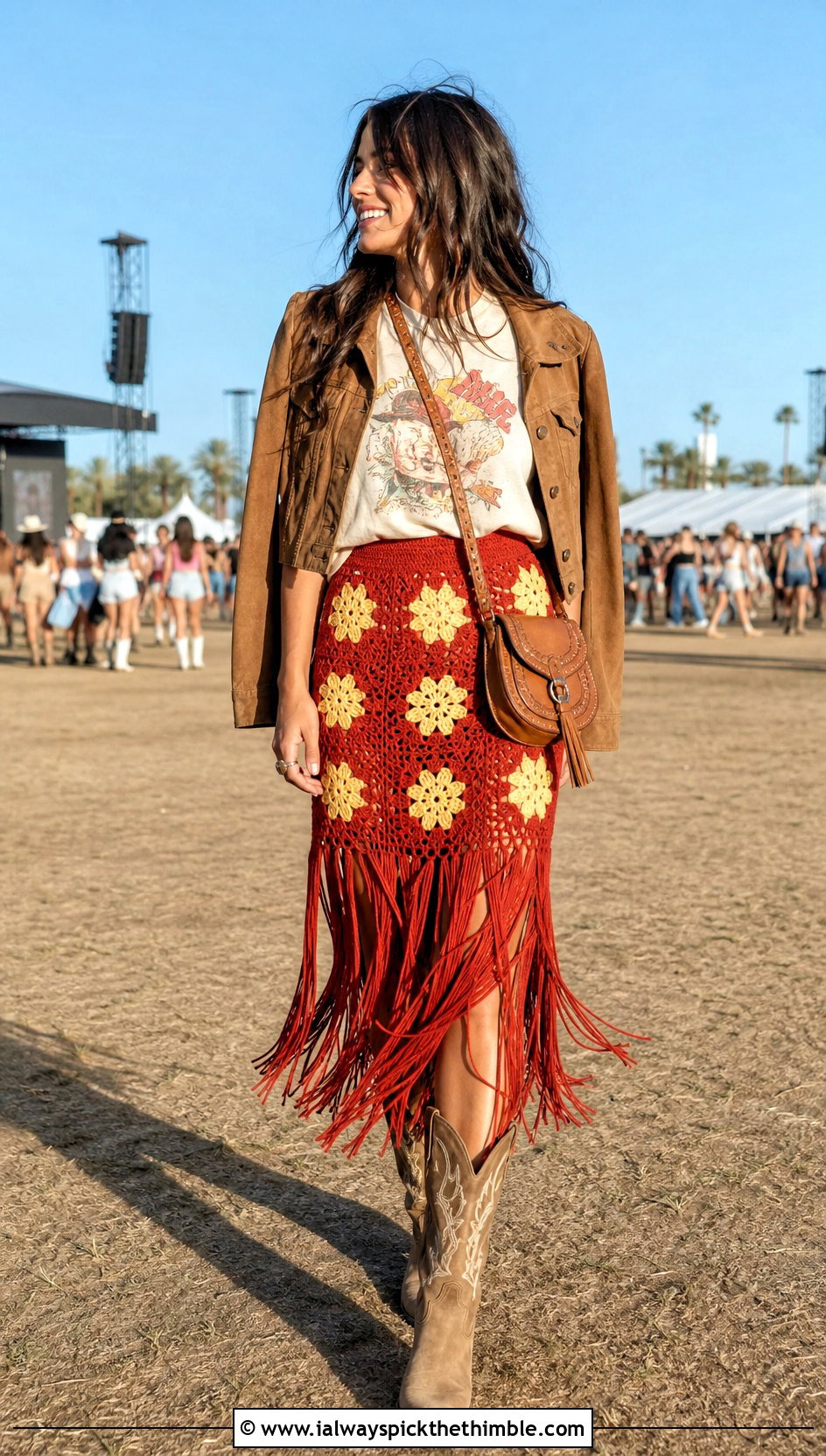 Fringe Flower Crochet Skirt With Graphic T Shirt And Boots - 25 crochet flower skirt outfit ideas