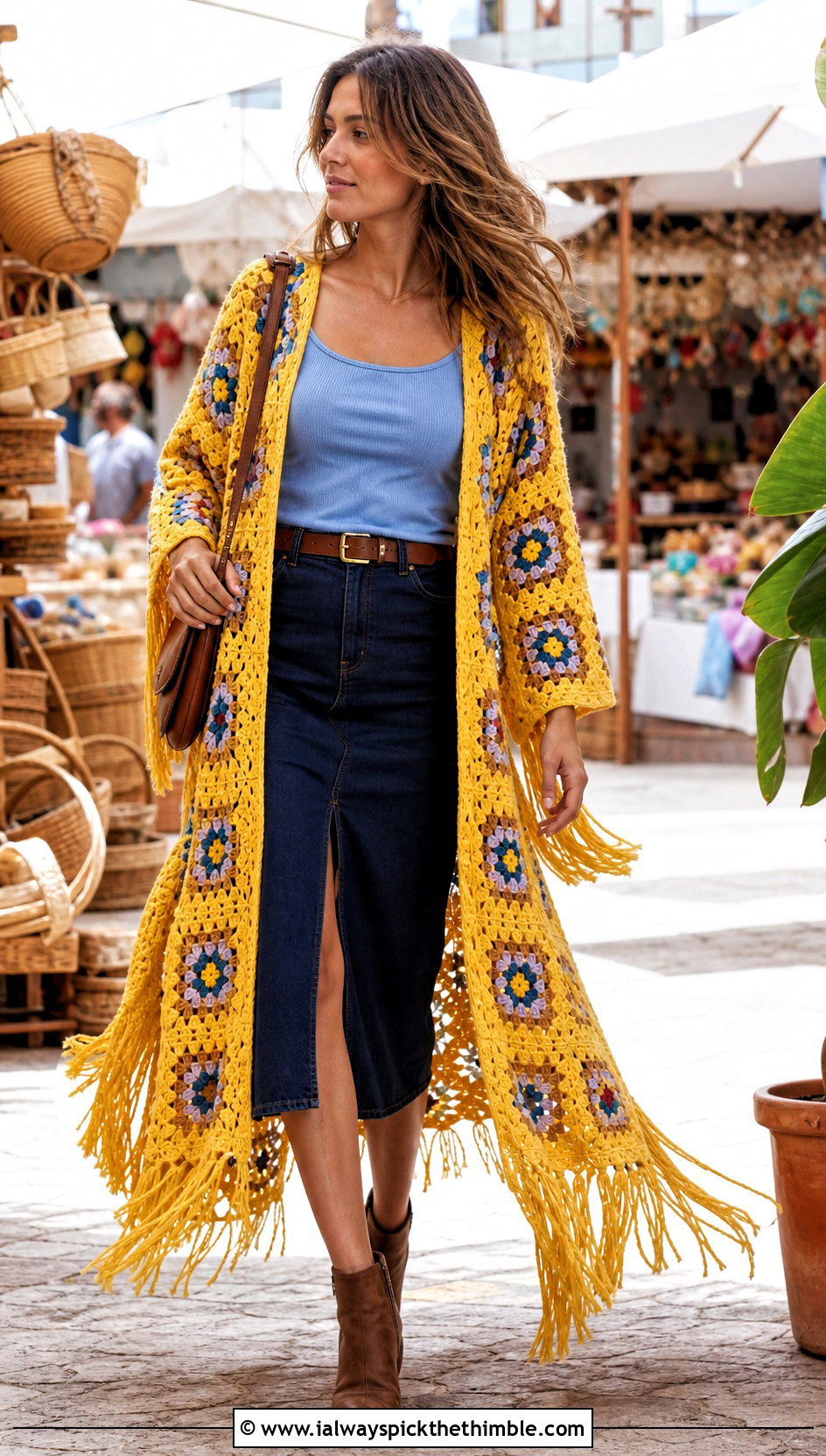 Fringe Granny Square Crochet Duster With Denim Midi Skirt - 15 Granny Square Crochet Duster outfit ideas
