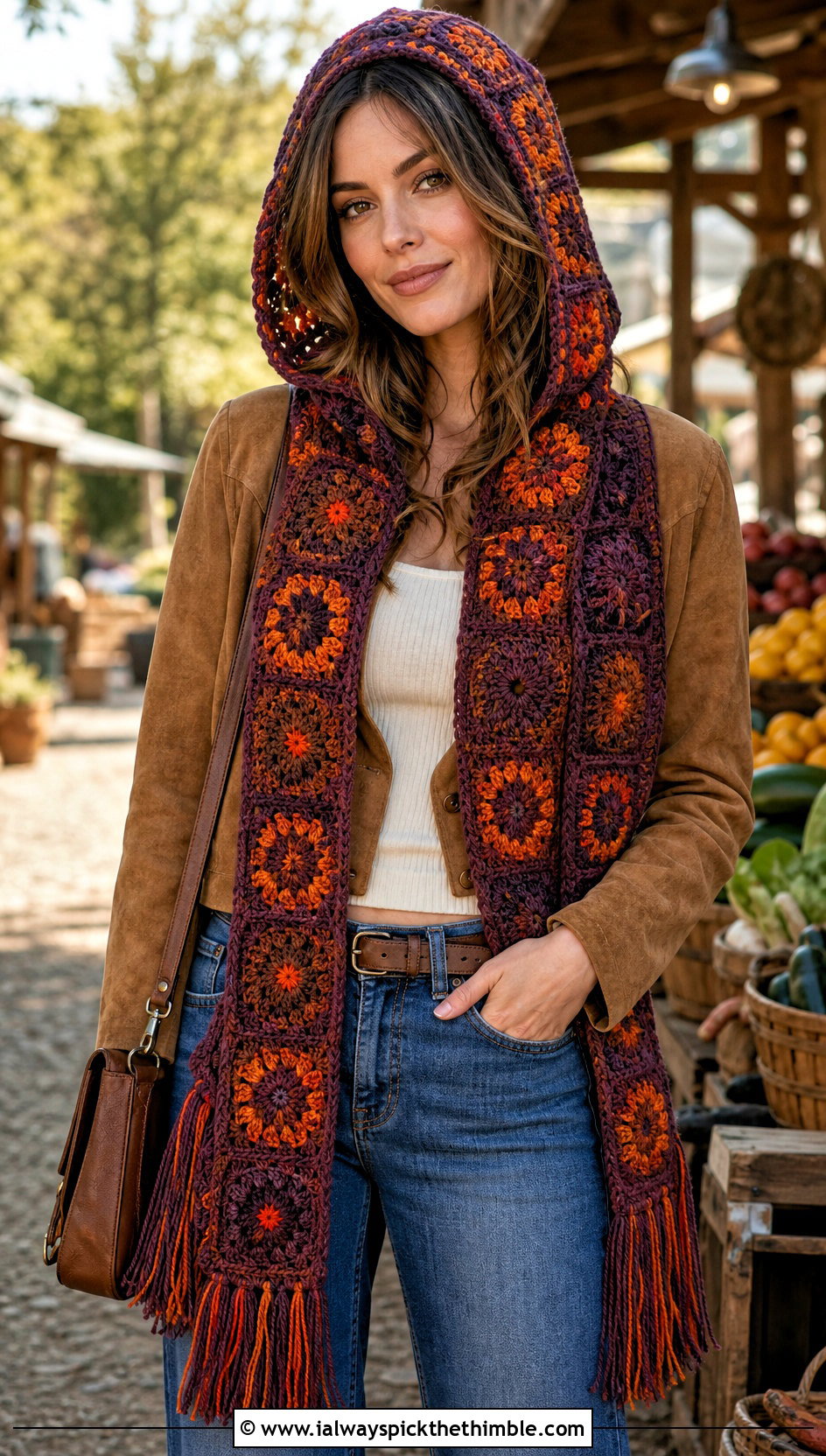 Fringe Granny Square Crochet Hooded Scarf With Western Denim - 20 Granny Square Crochet Hooded Scarf outfit ideas