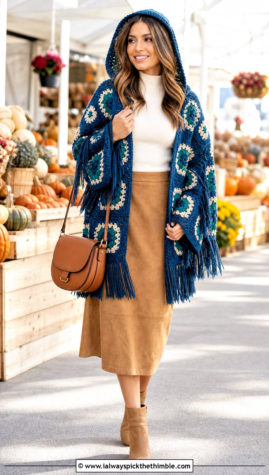 Fringe Granny Square Hoodie With Suede Midi Skirt - 25 granny square hoodie outfit ideas