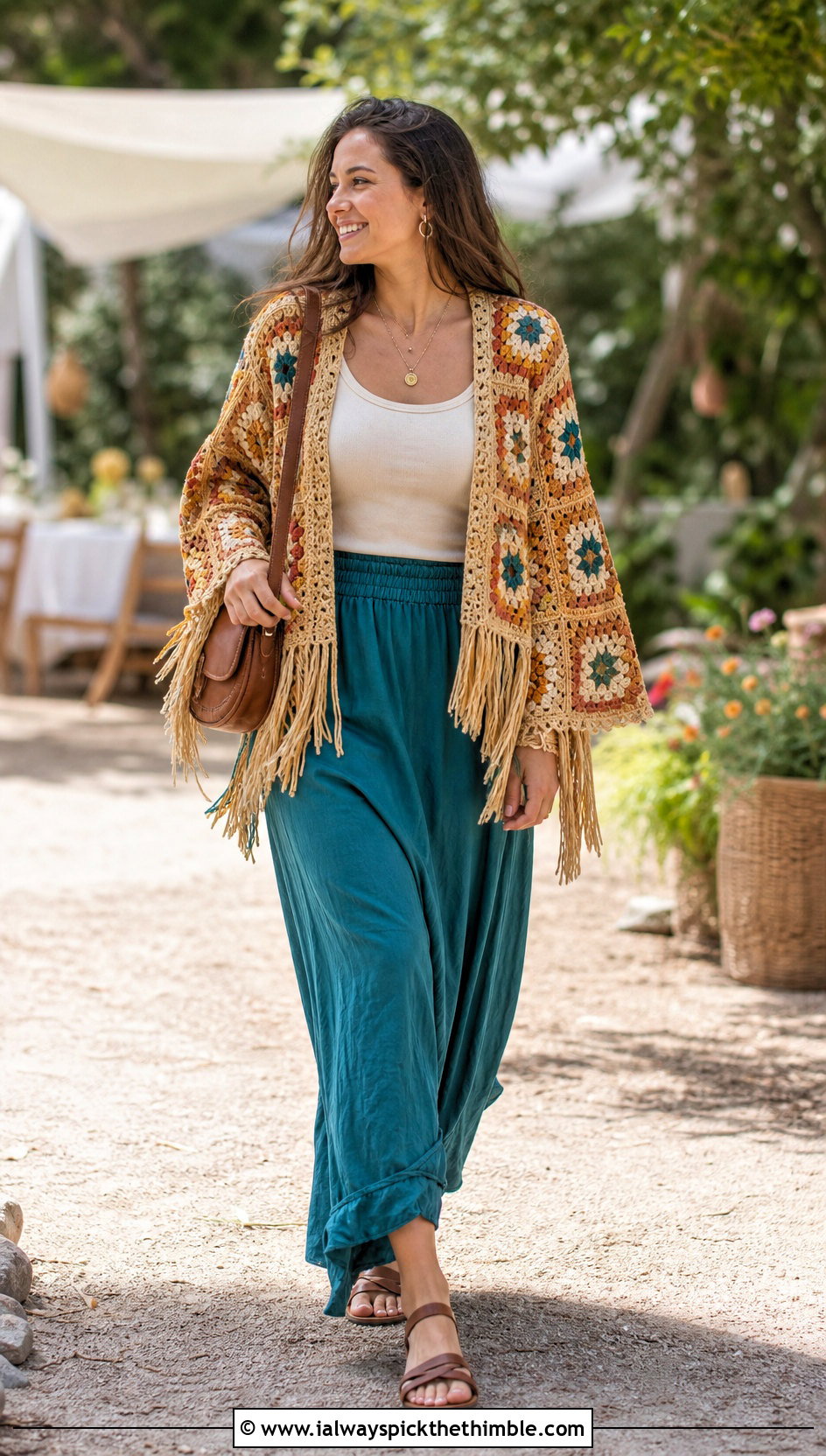 Fringe Granny Square Jacket With Maxi Skirt - 20 crochet granny square jacket outfit ideas