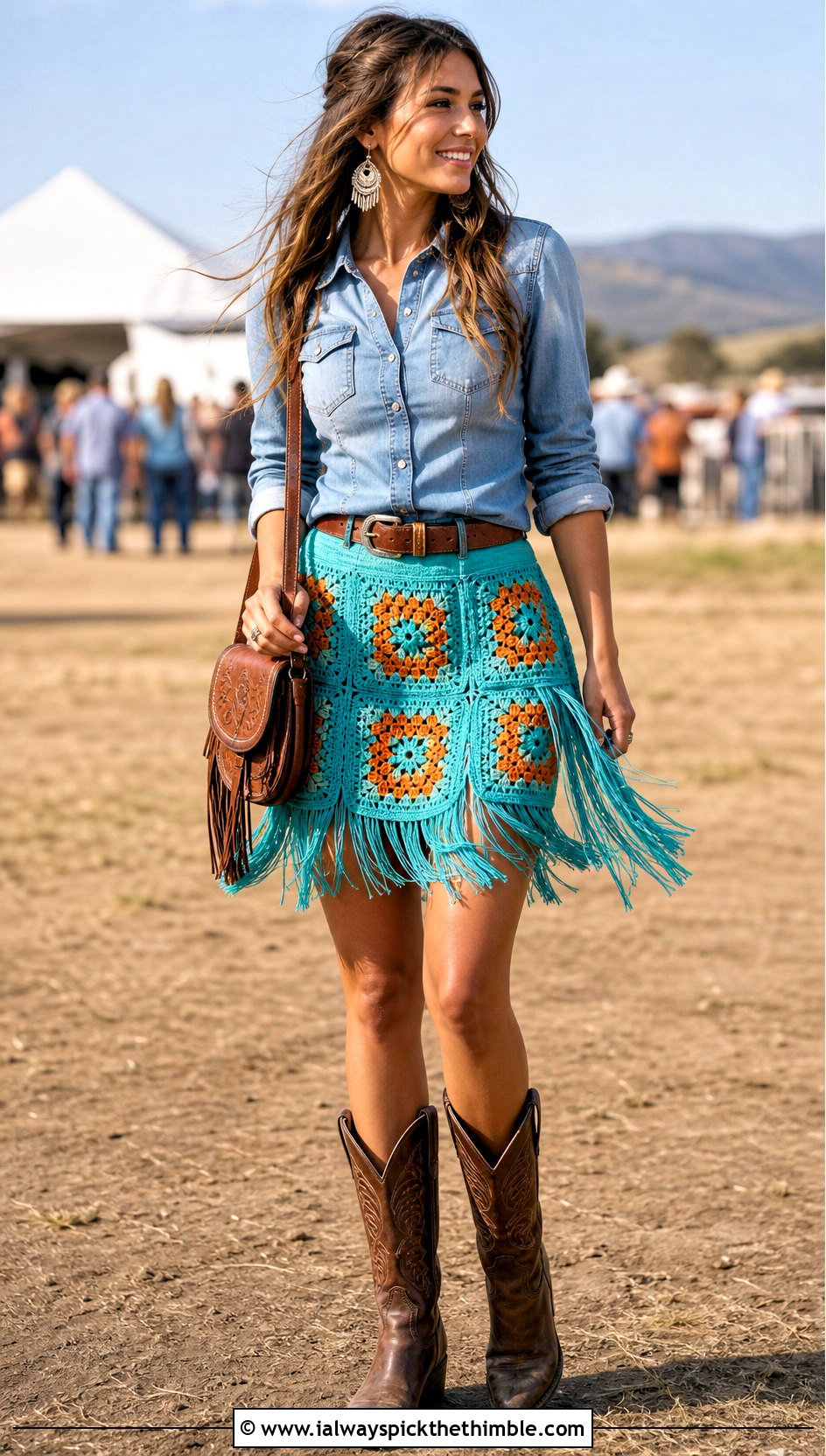 Fringe Granny Square Mini Skirt With Western Shirt And Cowboy Boots - 20 granny square mini skirt outfit ideas