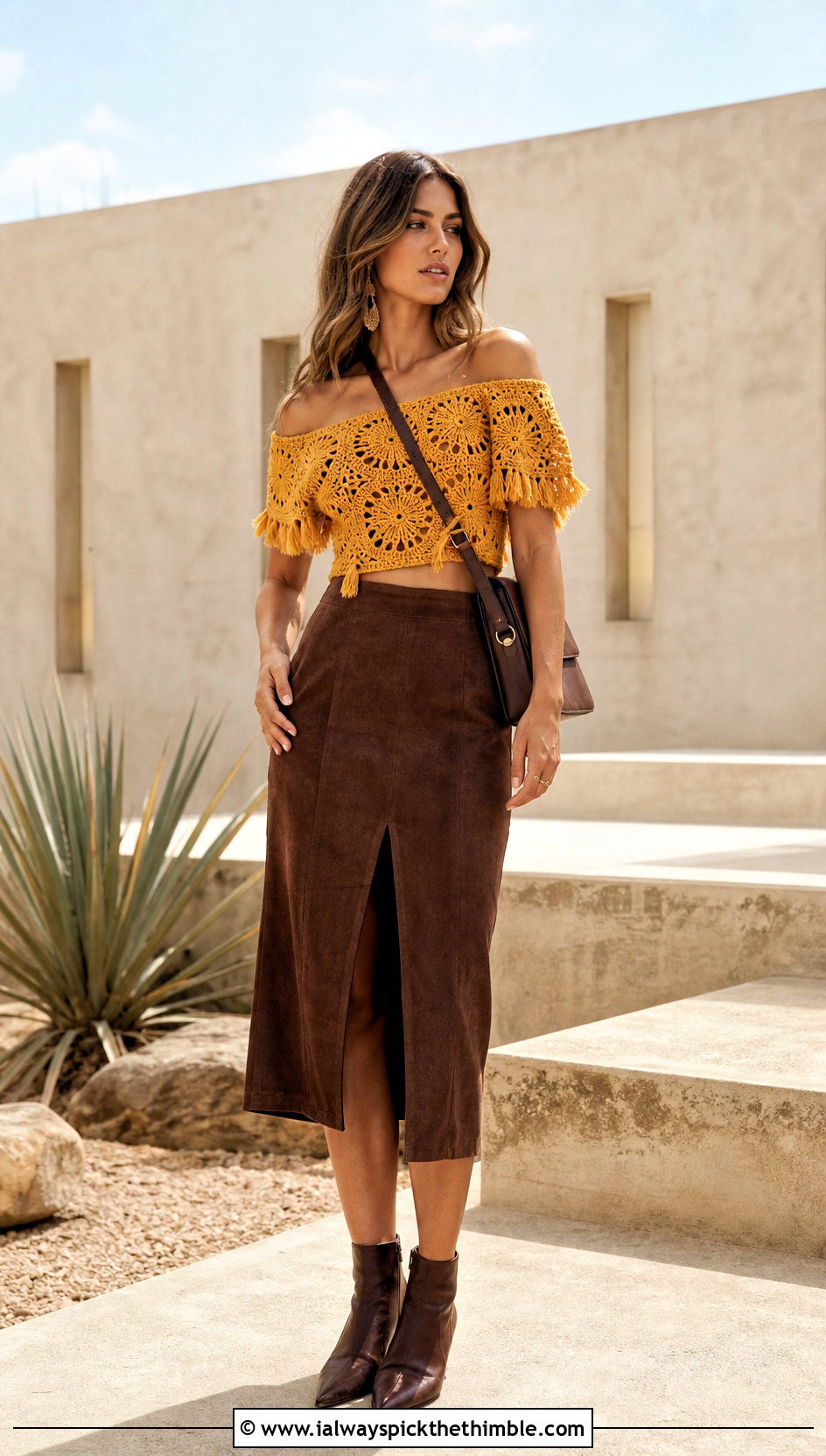Fringe Granny Square Off The Shoulder Top With Suede Midi Skirt - 20 Granny Square Off The Shoulder Top outfit ideas