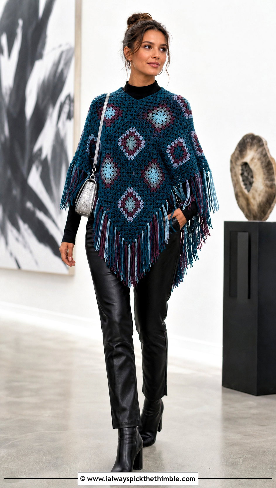 Fringe Granny Square Poncho With Black Leather Pants - 20 Granny Squares Poncho outfit ideas