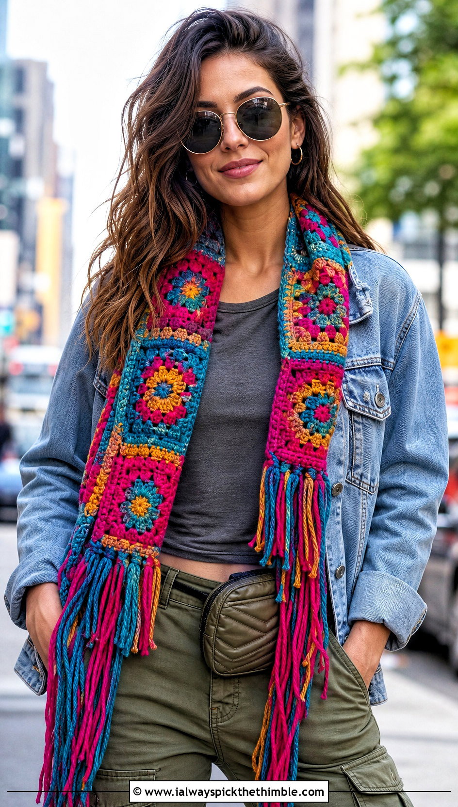 Fringe Granny Square Scarf With Denim Jacket And Cargo Pants - 20 crochet granny square scarf outfit ideas