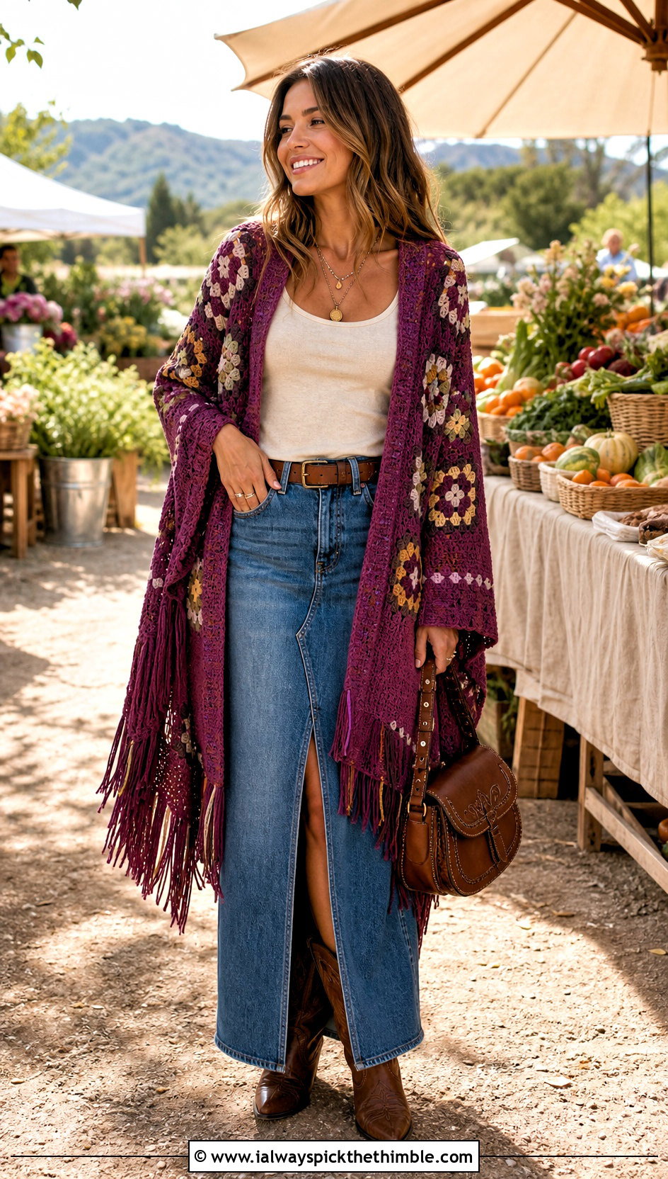 Fringe Granny Square Shrug With Denim Maxi Skirt - 20 Crochet Granny Shrug outfit ideas