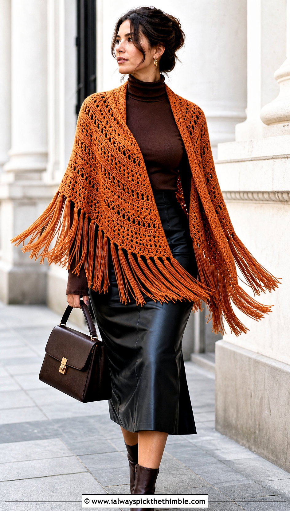 Fringe Half Circle Crochet Shawl With Leather Skirt - 15 Half Circle Crochet Shawl outfit ideas