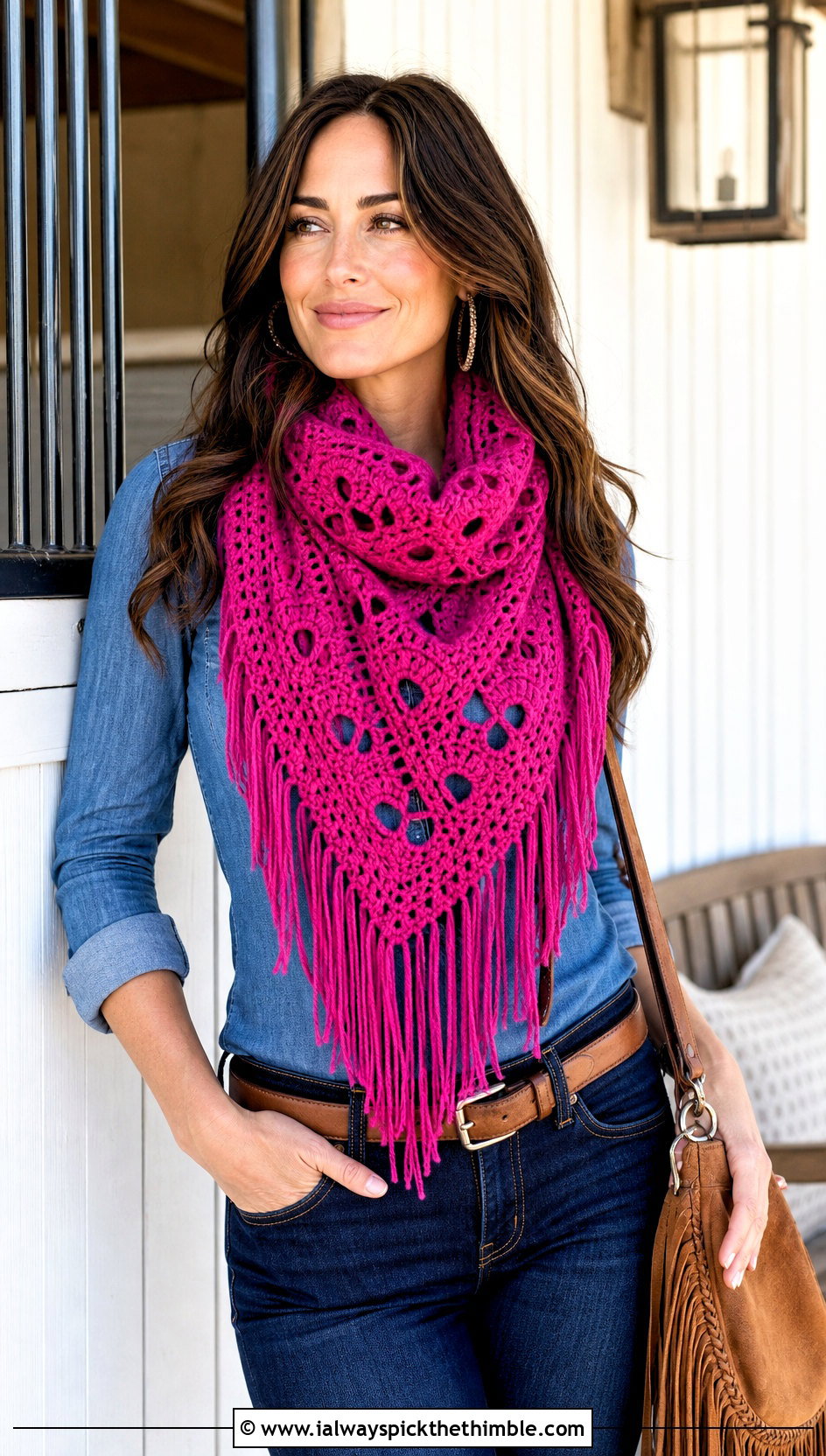 Fringe Heart Scarf With Western Denim Outfit - 20 crochet heart scarf outfit ideas
