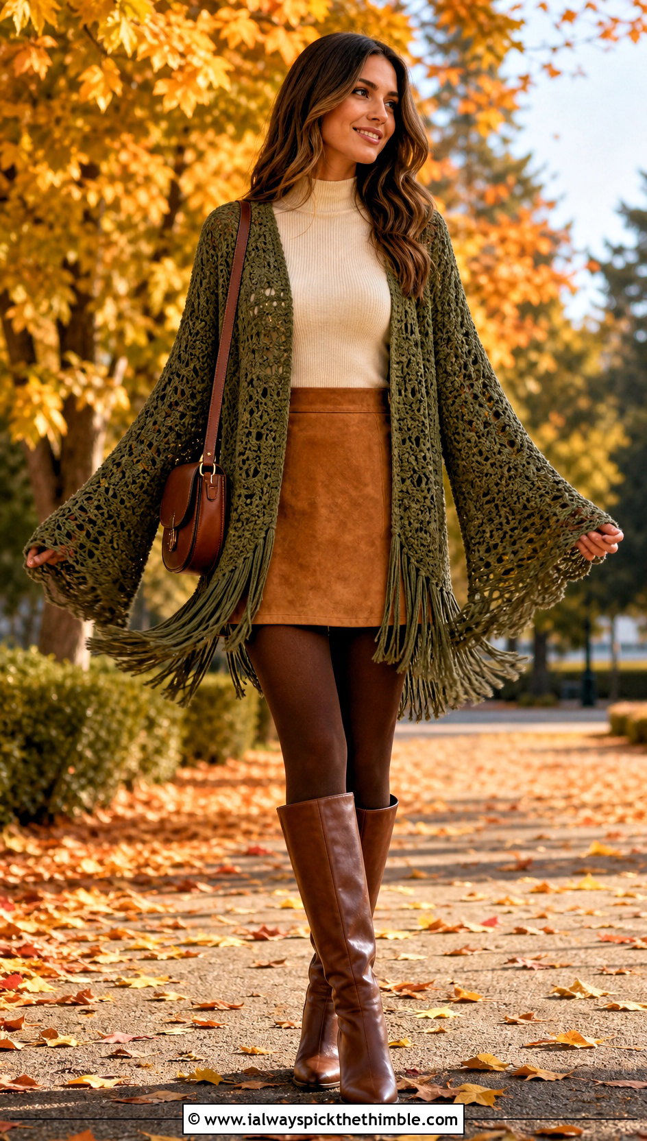 Fringe Hem Crochet Bell Sleeve Cardigan With Suede Mini Skirt - 20 crochet bell sleeve cardigan outfit ideas