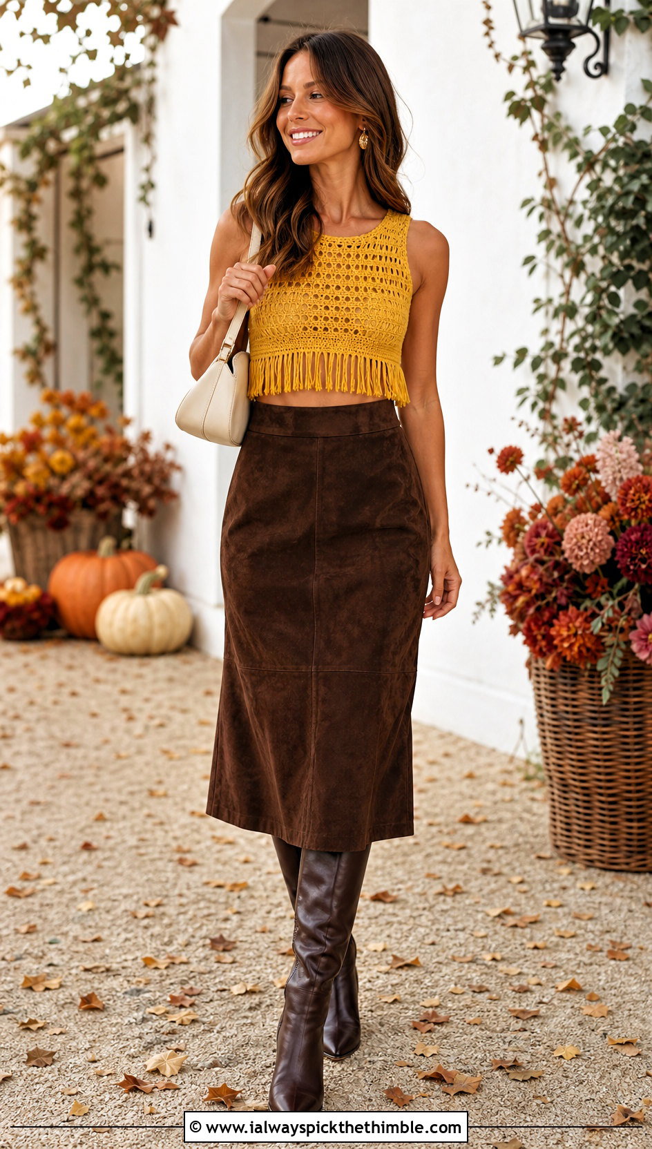 Fringe Hem Crochet Crop Top With A Suede Midi Skirt - 25 crop crochet top outfit ideas