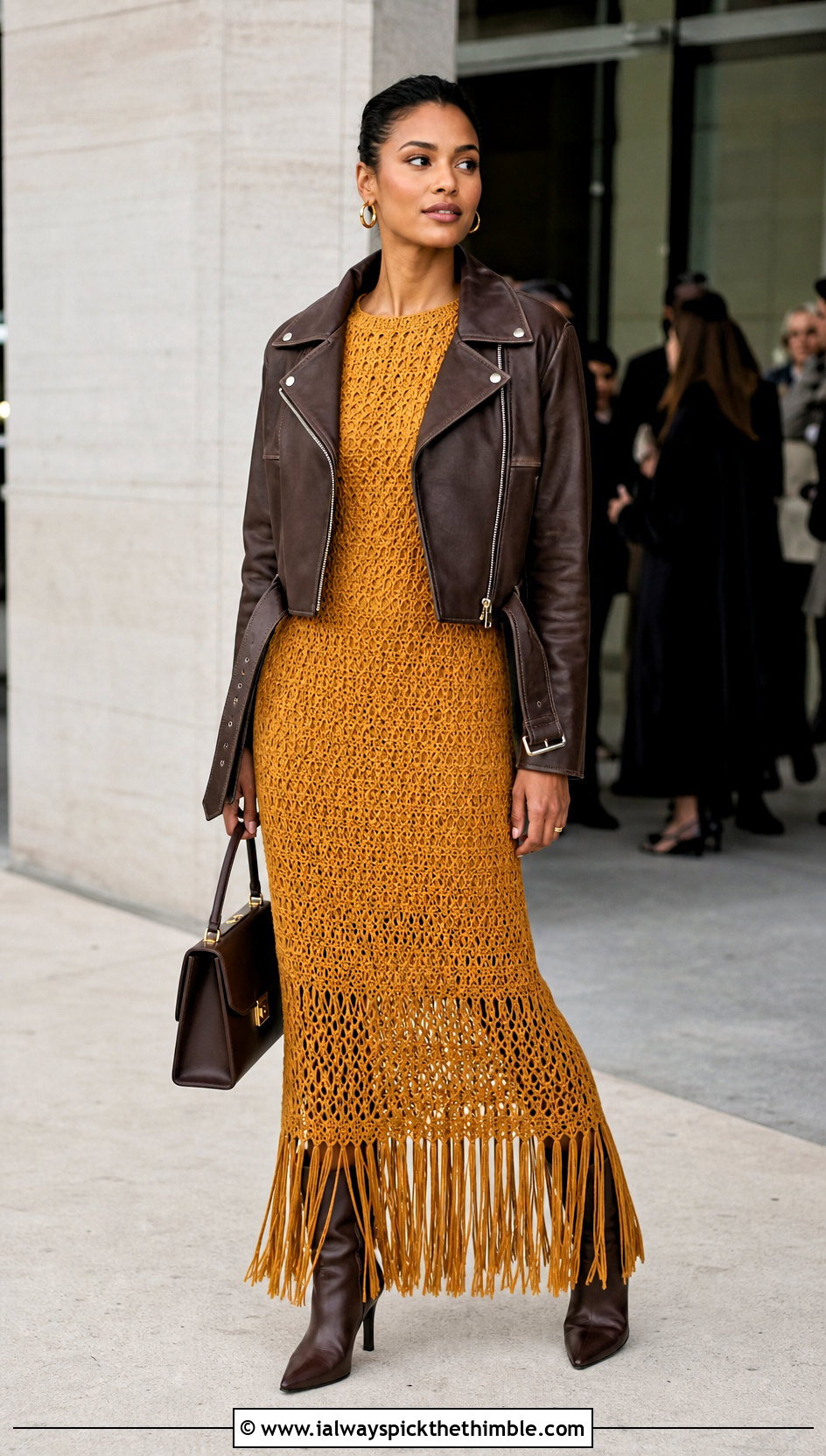 Fringe Hem Crochet Maxi Dress With Moto Jacket - 25 Long Crochet Dress outfit ideas