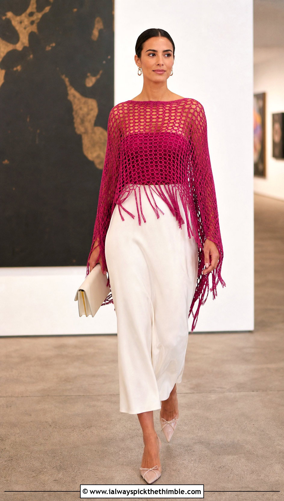 Fringe Hem Crochet Net Top With Column Skirt - 25 crochet net top outfit ideas