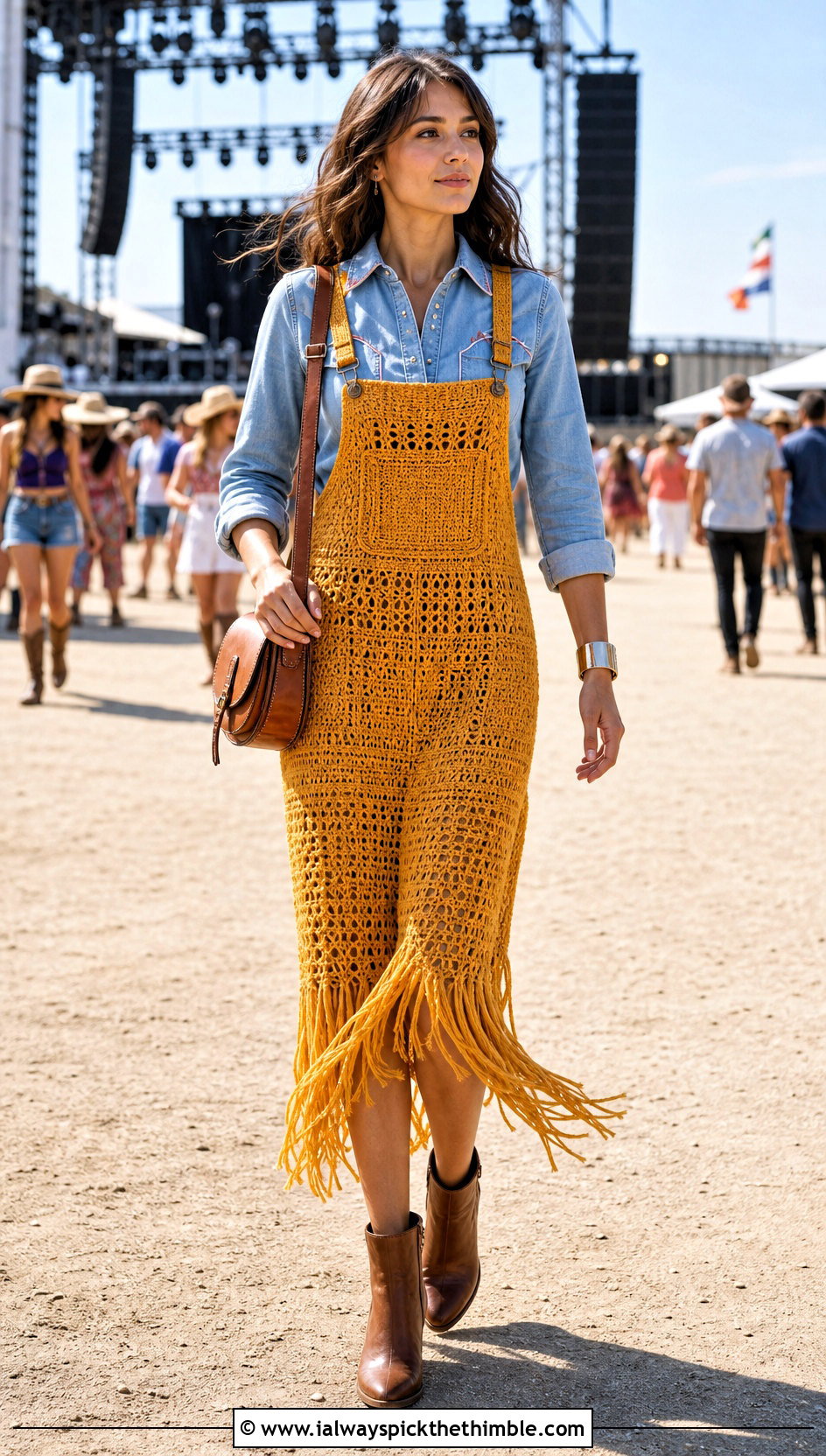 Fringe Hem Crochet Overall Dress With Western Shirt - 25 Crochet Overall Dress outfit ideas
