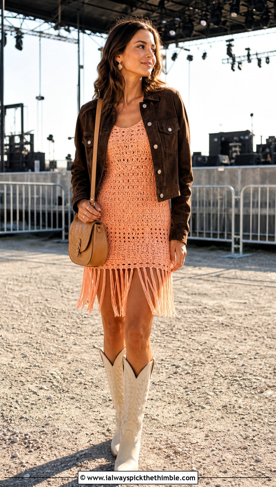 Fringe Hem Crochet Sweater Dress With Suede Jacket - 25 crochet sweater dress outfit ideas