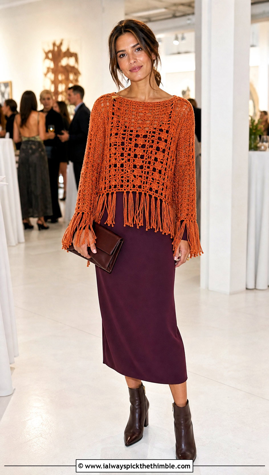 Fringe Hem Crochet Sweater With Column Dress - 25 crochet sweater design for women outfit ideas