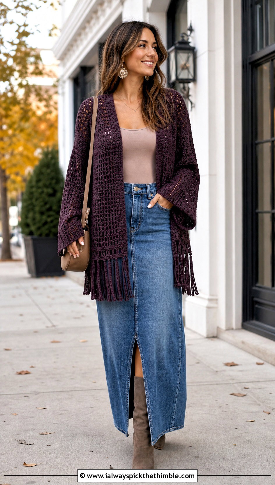 Fringe Hem Crochet Sweater With Denim Maxi Skirt - 20 Boho Crochet Sweater outfit ideas