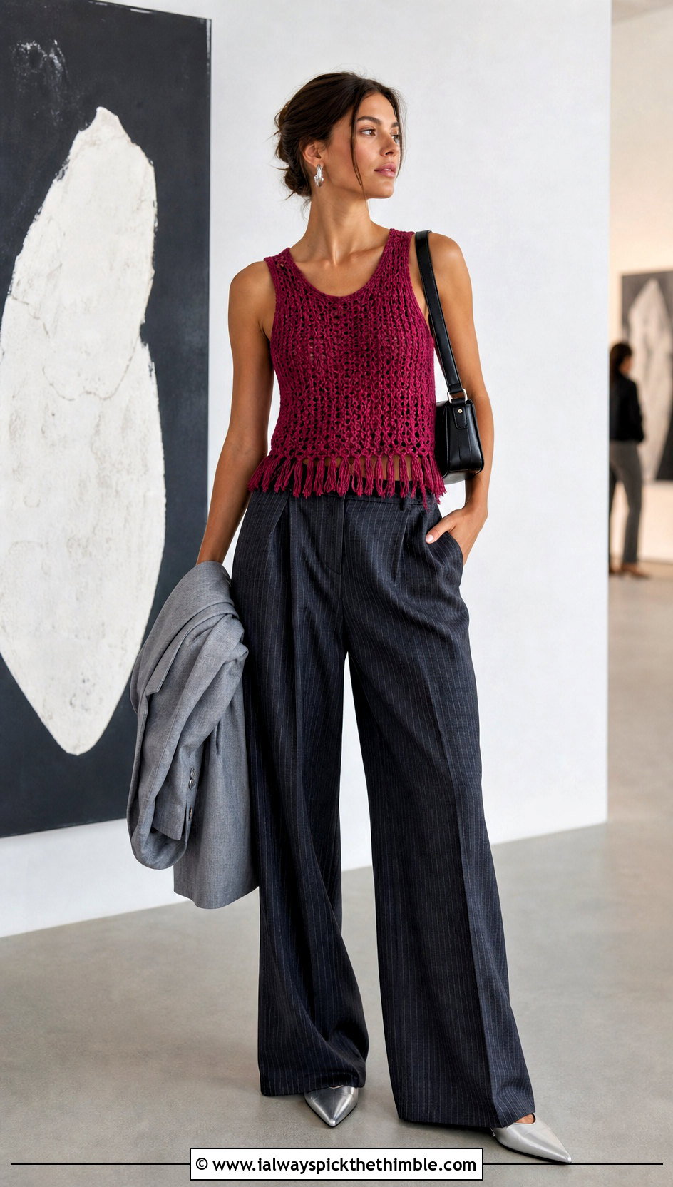 Fringe Hem Crochet Tank Top With Pinstripe Pants - 20 crochet tank tops aesthetic outfit ideas