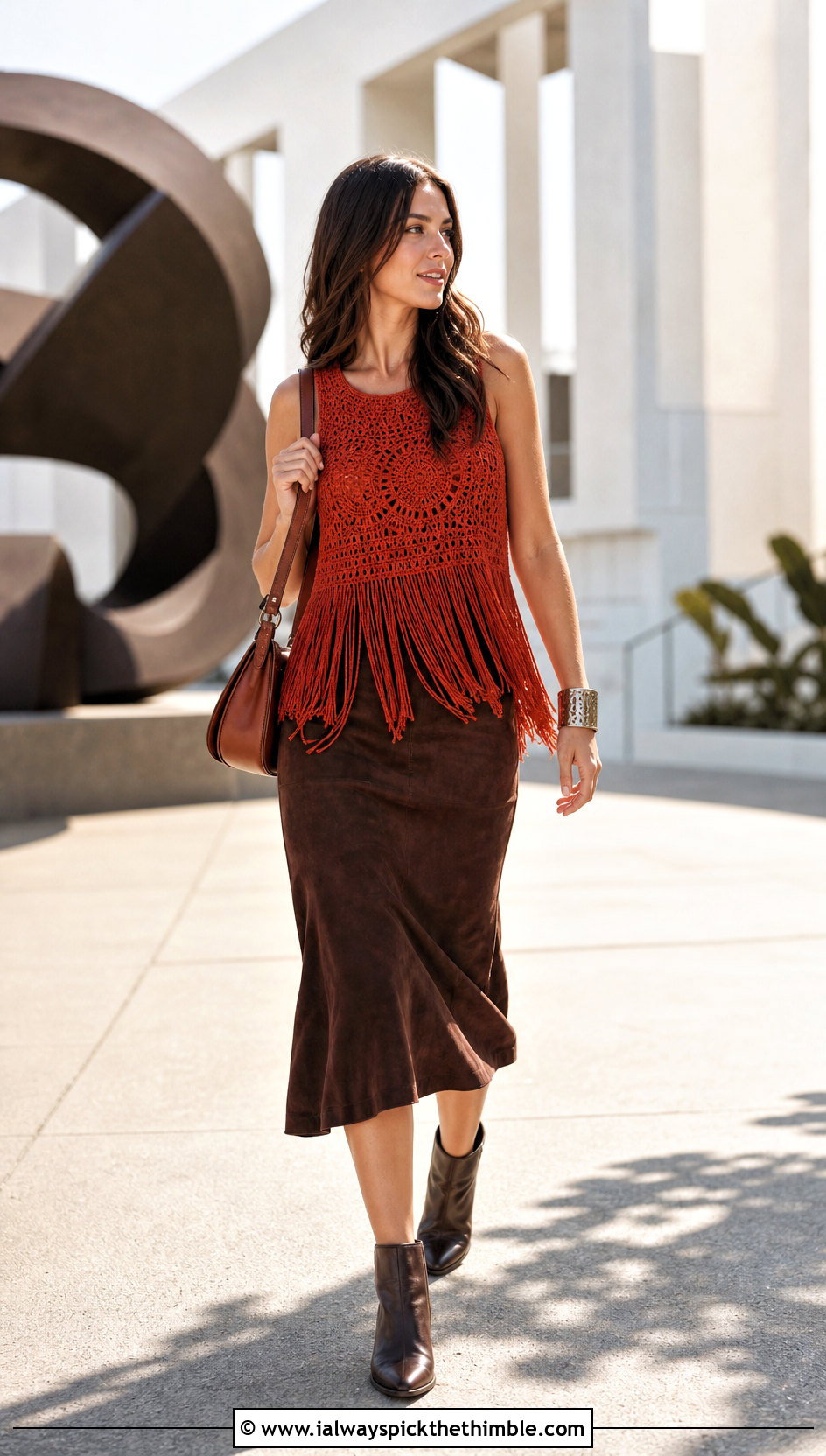Fringe Hem Crochet Tank Top With Suede Midi Skirt - 20 crocheted tank tops outfit ideas