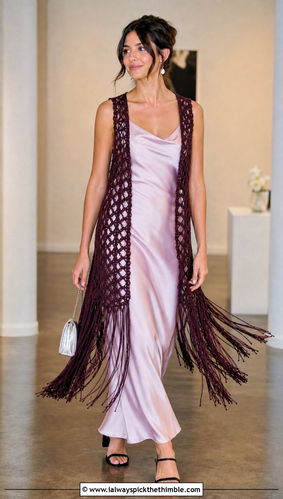 Fringe Hem Crochet Waistcoat With Slip Dress - 15 easy crochet waistcoat outfit ideas
