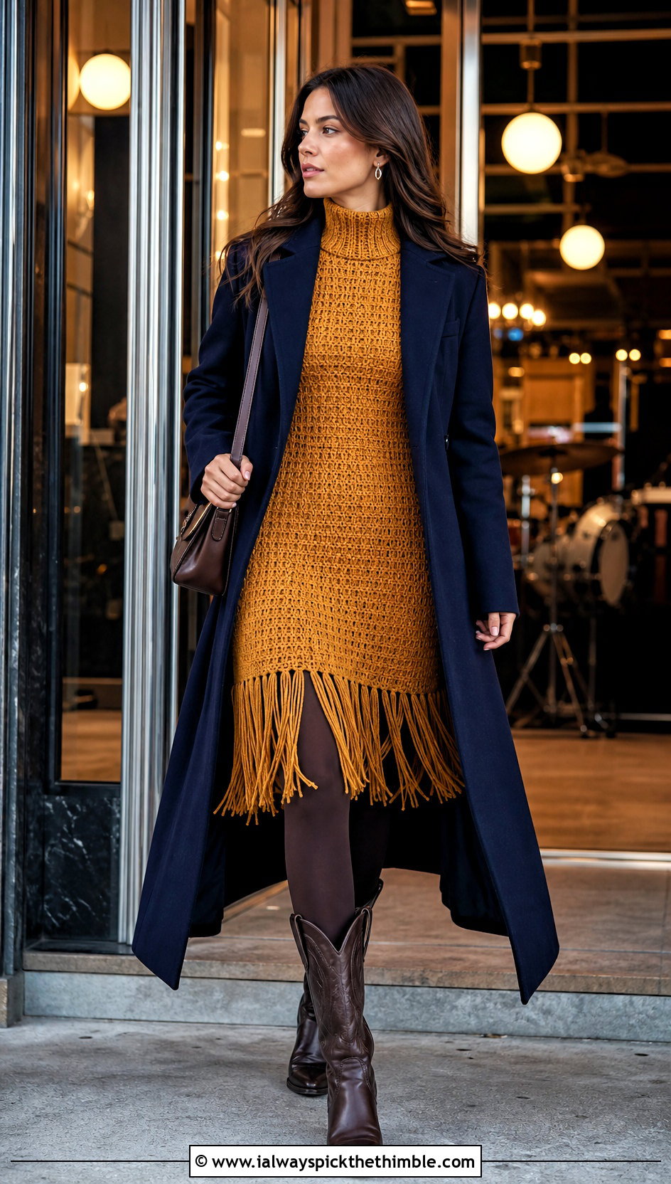 Fringe Hem Crochet Winter Dress With Western Boots - 25 crochet winter dress outfit ideas