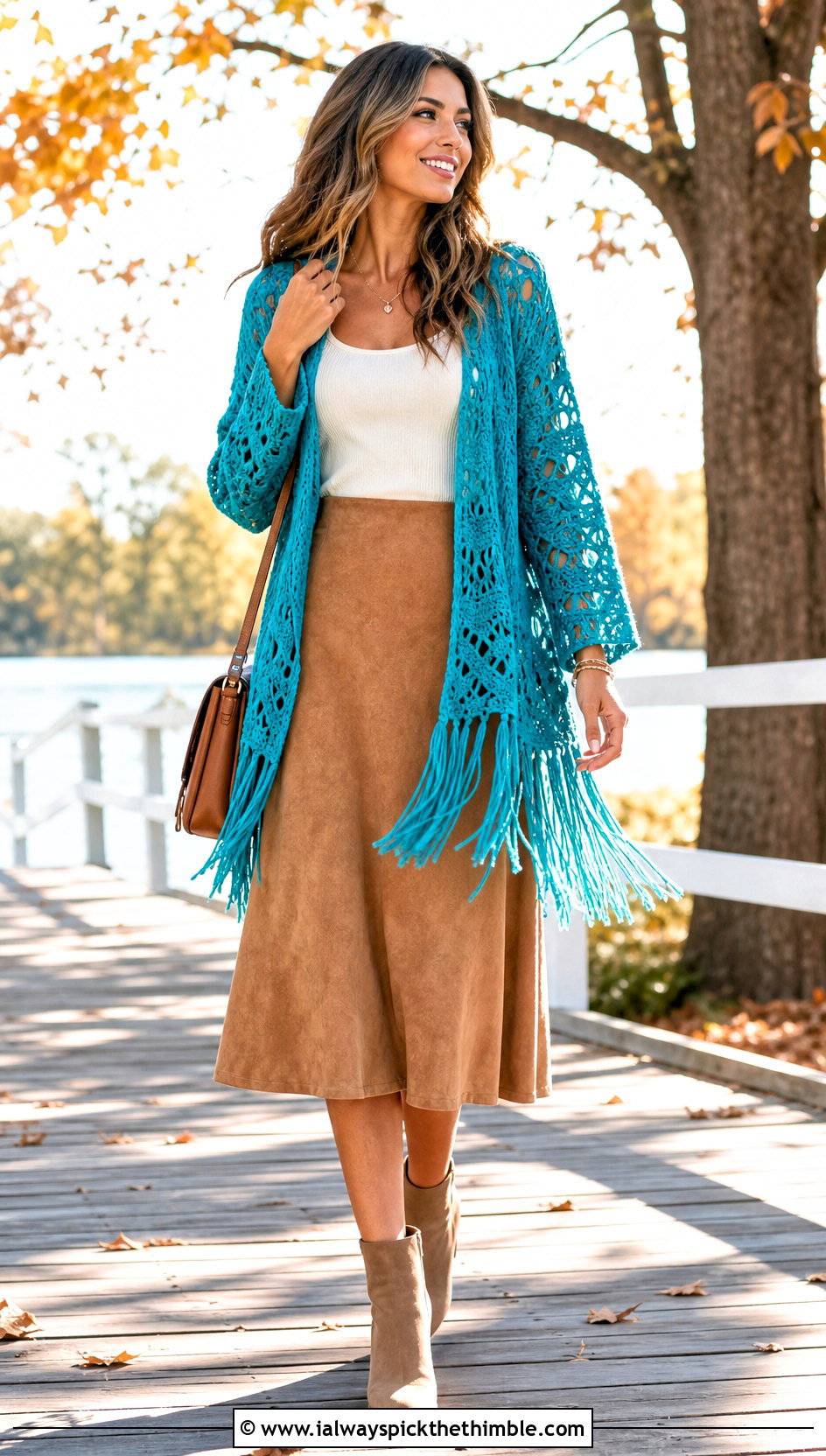 Fringe Hem Distressed Crochet Sweater With Suede Skirt - 25 distressed crochet sweater outfit ideas
