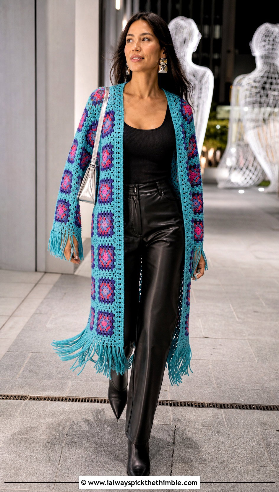 Fringe Hem Granny Square Long Cardigan With Leather Pants - 25 long granny square cardigan outfit ideas