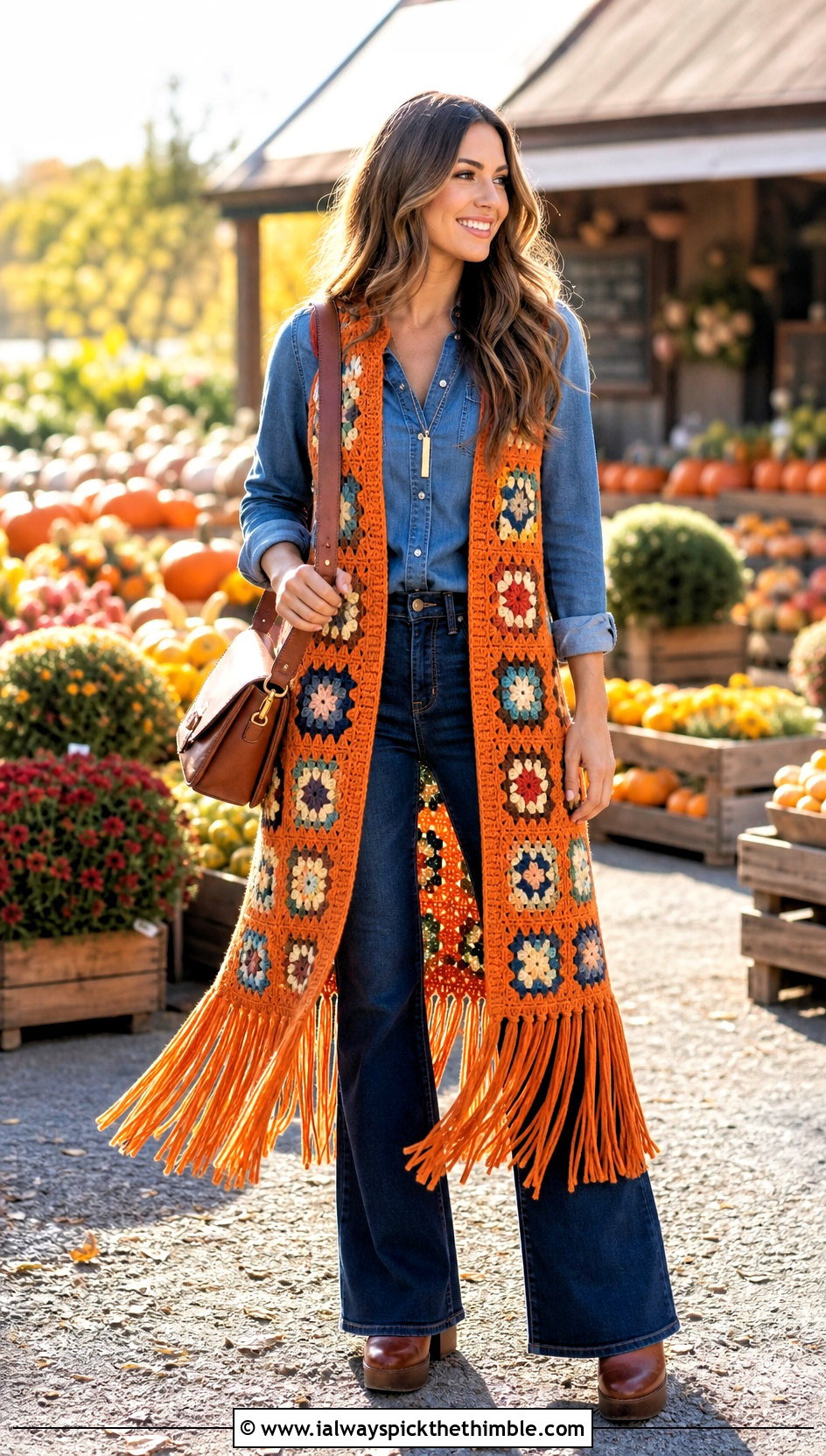 Fringe Hem Granny Square Long Vest With Denim Shirt And Flared Jeans - 20 Granny Square Long Vest outfit ideas
