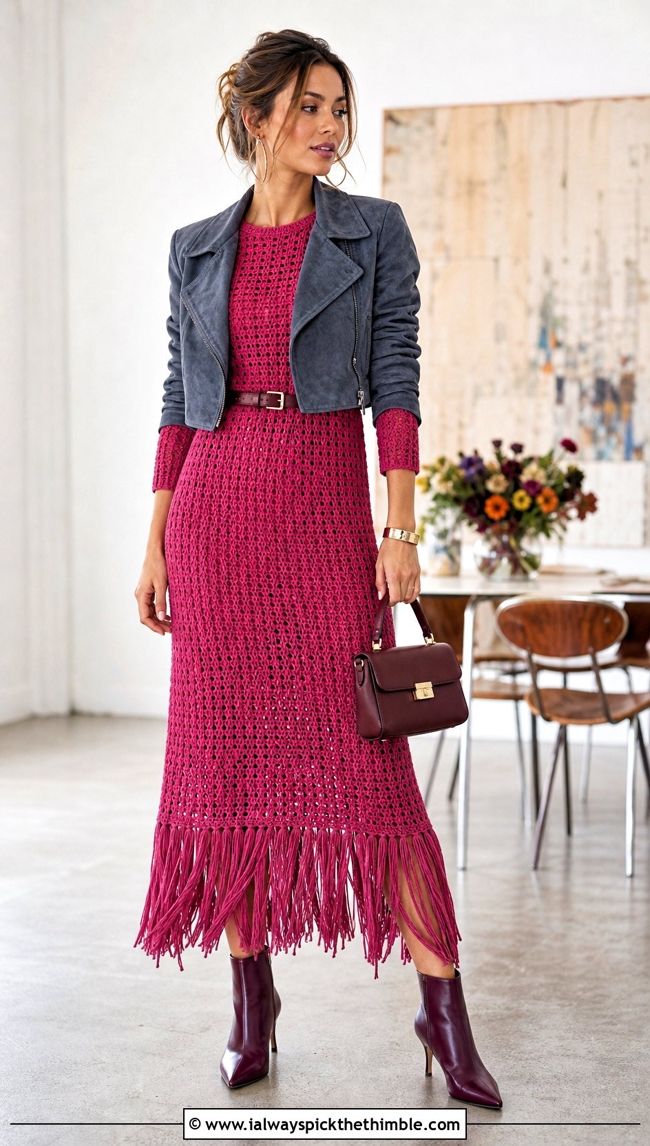 Fringe Hem Long Sleeve Crochet Sweater Dress With Ankle Boots - 20 long sleeve crochet sweater dress outfit ideas