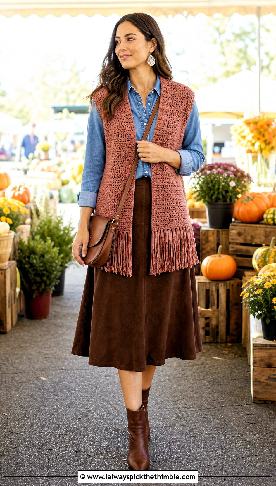 Fringe Hem Tunisian Crochet Vest With Suede Midi Skirt - 20 Tunisian Crochet Vest outfit ideas