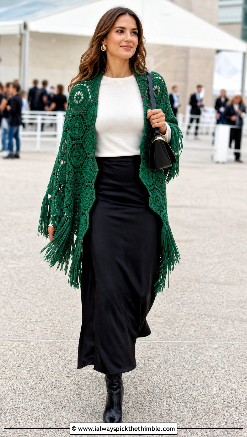 Fringe Hexagon Cardigan With Maxi Skirt - 25 crochet hexagon cardigan outfit ideas