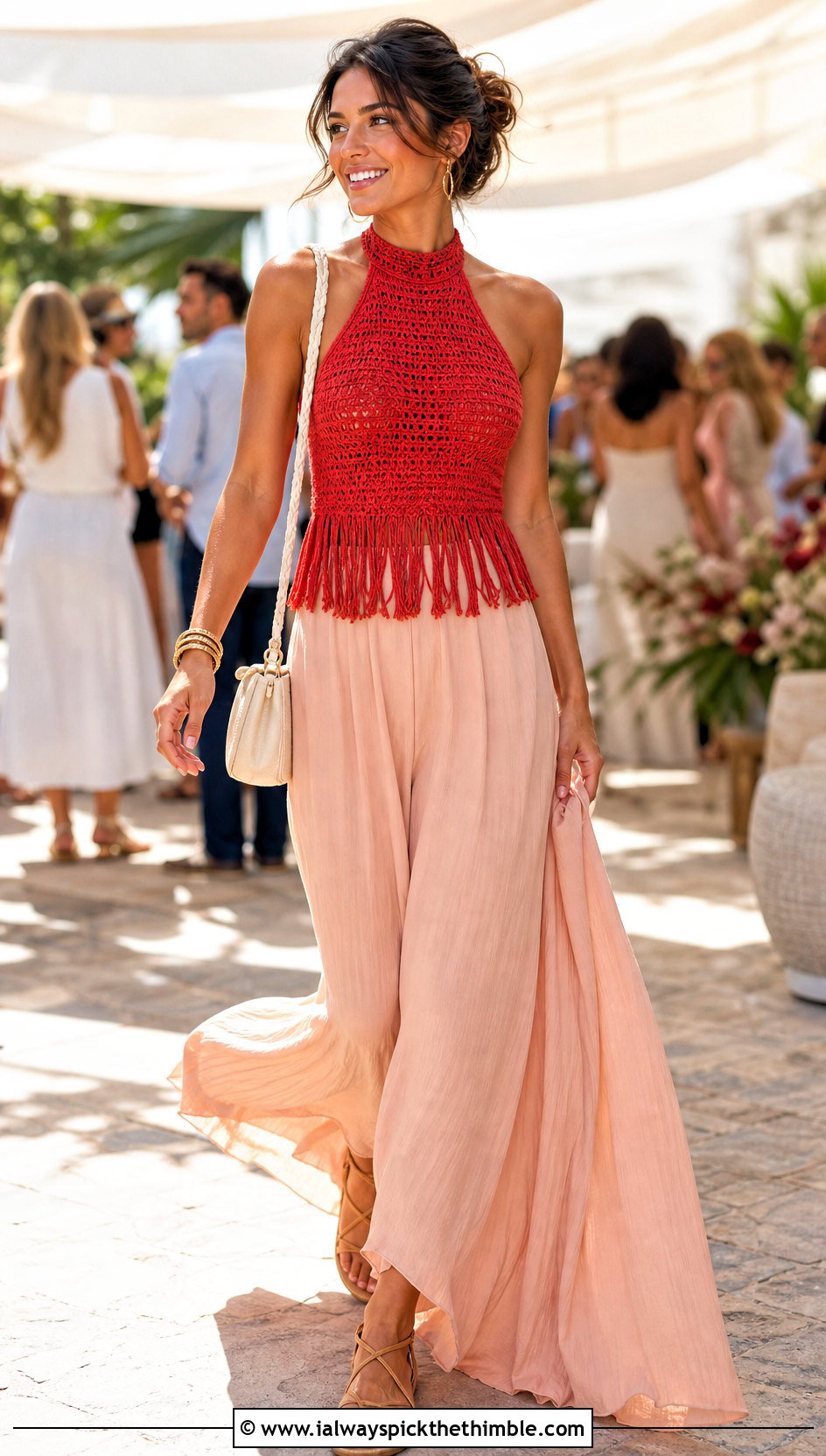 Fringe High Neck Crochet Halter With Maxi Skirt - 25 high neck crochet top outfit ideas