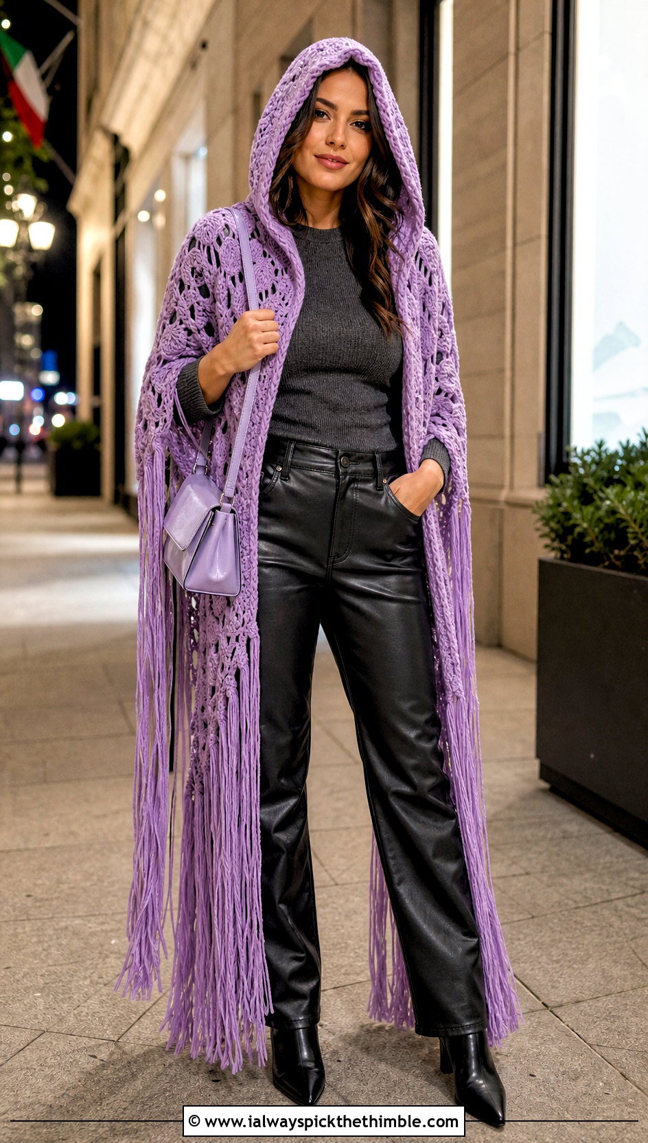 Fringe Hooded Crochet Cape With Faux Leather Pants - 20 Hooded Crochet Cape outfit ideas