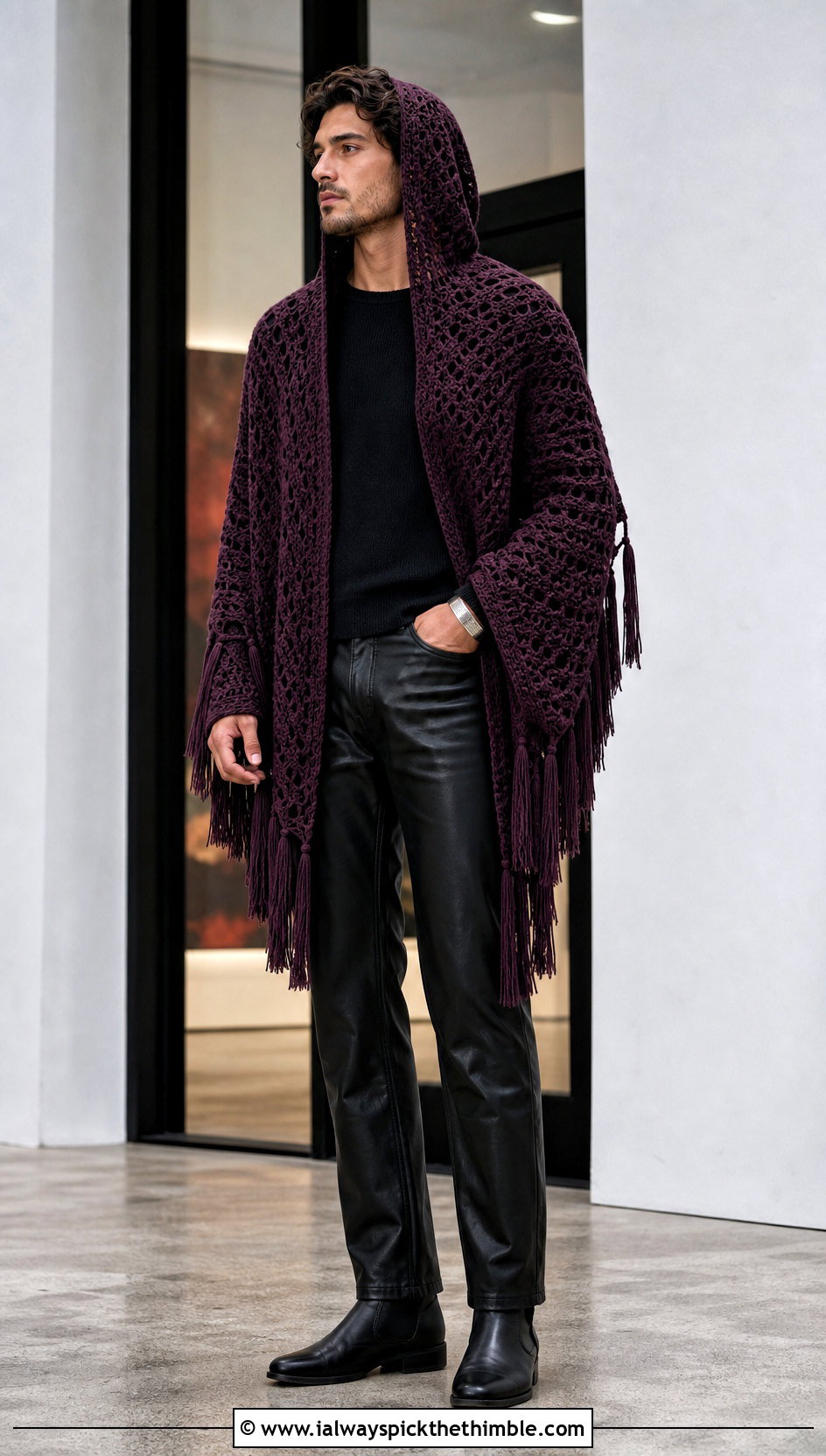 Fringe Hooded Crochet Poncho With Leather Pants - 15 mens hooded crochet poncho outfit ideas
