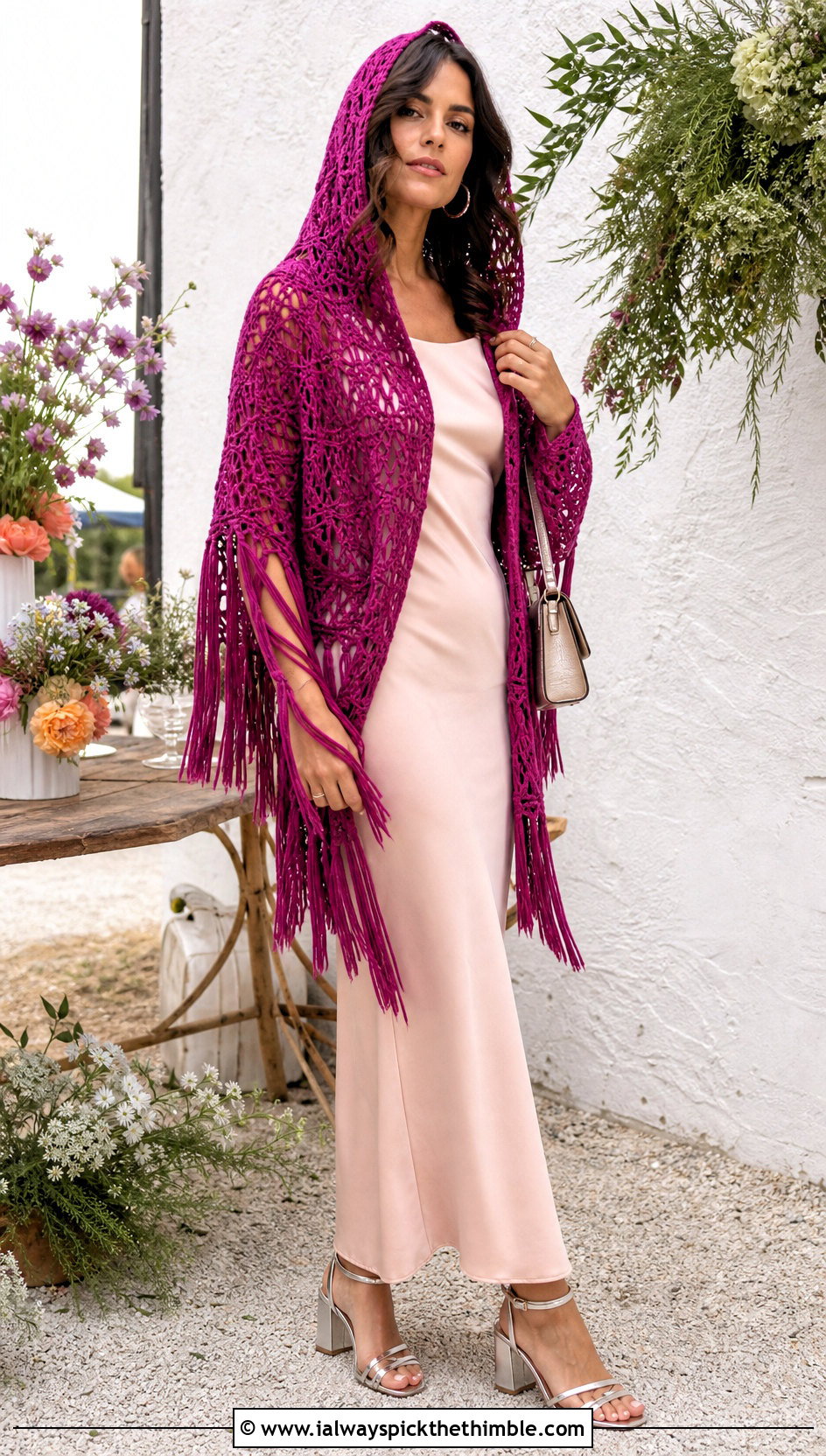 Fringe Hooded Crochet Shrug With Column Dress - 20 hooded crochet shrug outfit ideas