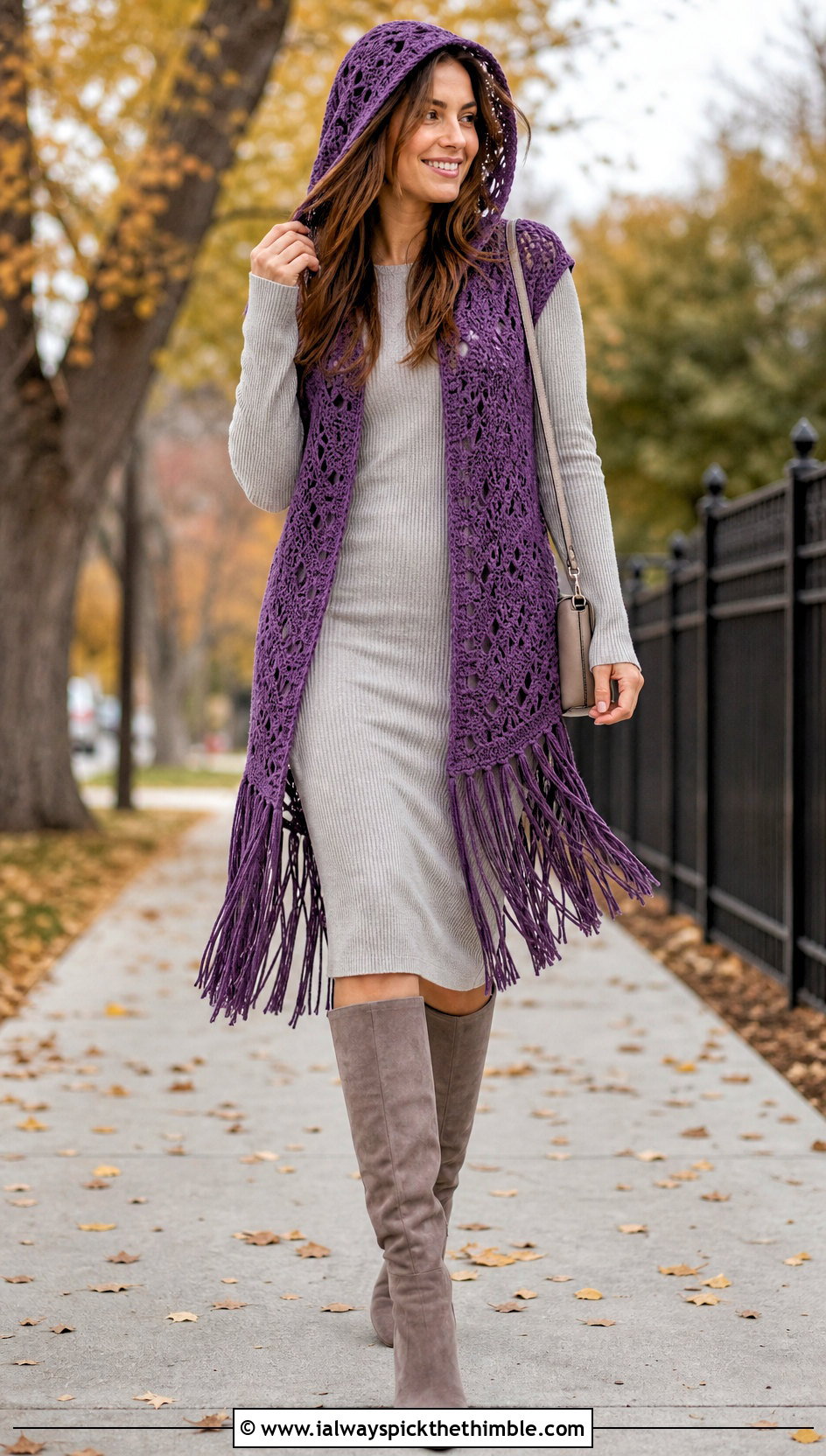 Fringe Hooded Crochet Vest With Midi Dress - 20 crochet vest with hood outfit ideas