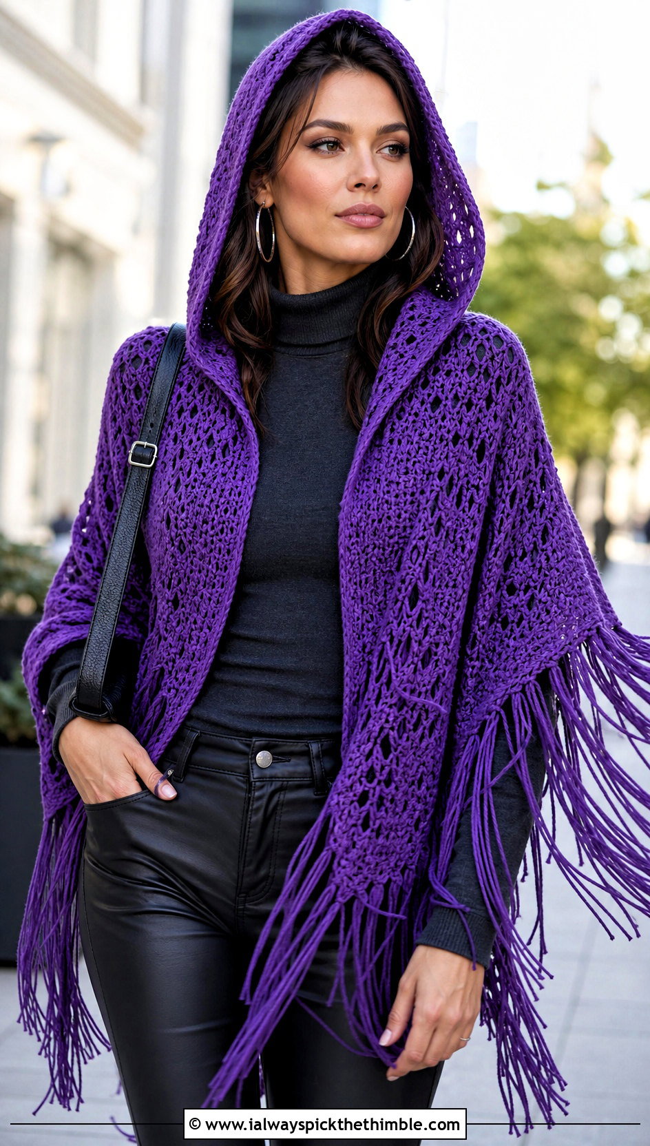 Fringe Hooded Triangle Crochet Shawl With Leather Pants - 20 Hooded Triangle Crochet Shawl outfit ideas