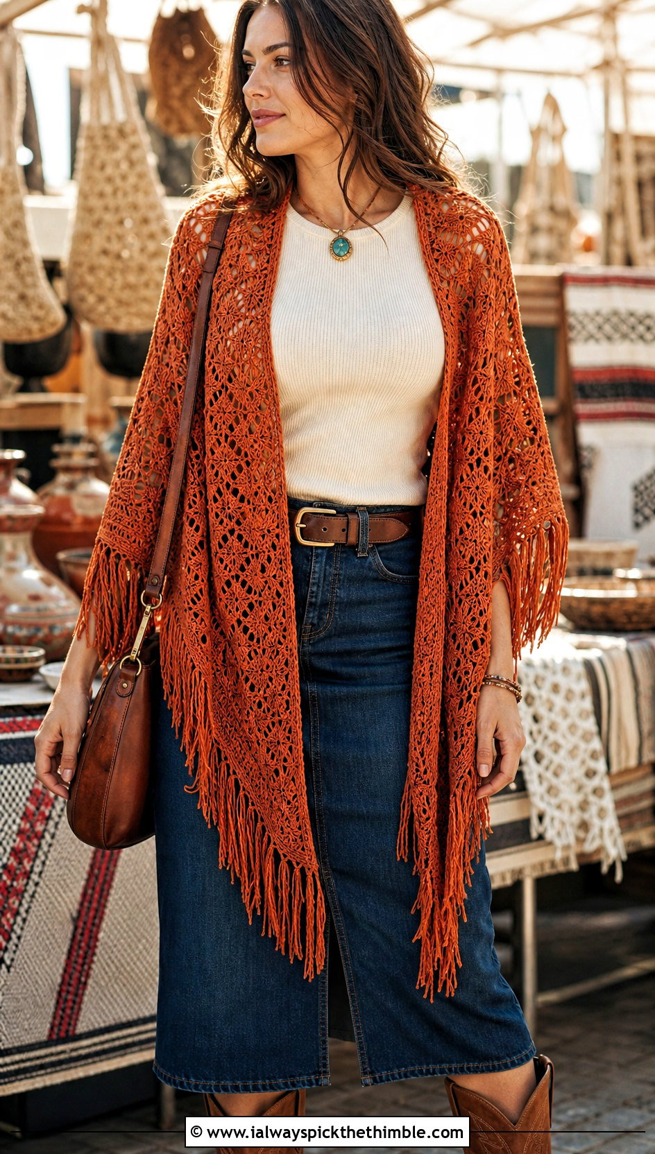 Fringe Lace Triangle Shawl With Western Denim Outfit - 20 Crochet Lace Triangle Shawl outfit ideas