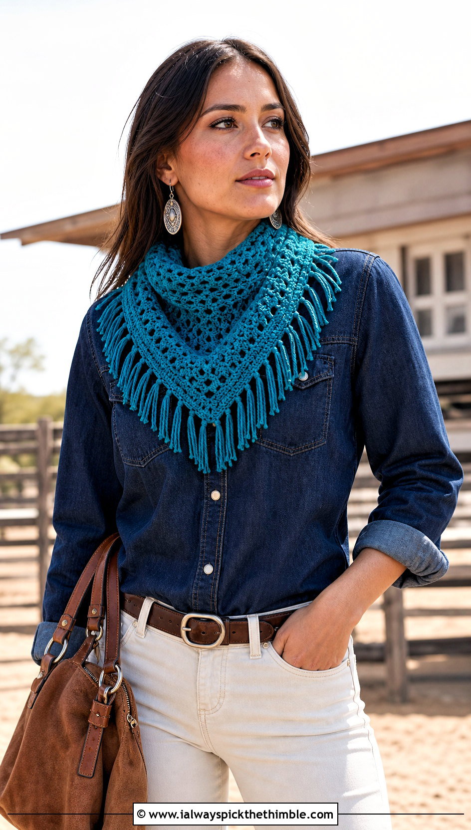Fringe Mini Crochet Scarf With Western Denim - 25 small crochet scarf outfit ideas