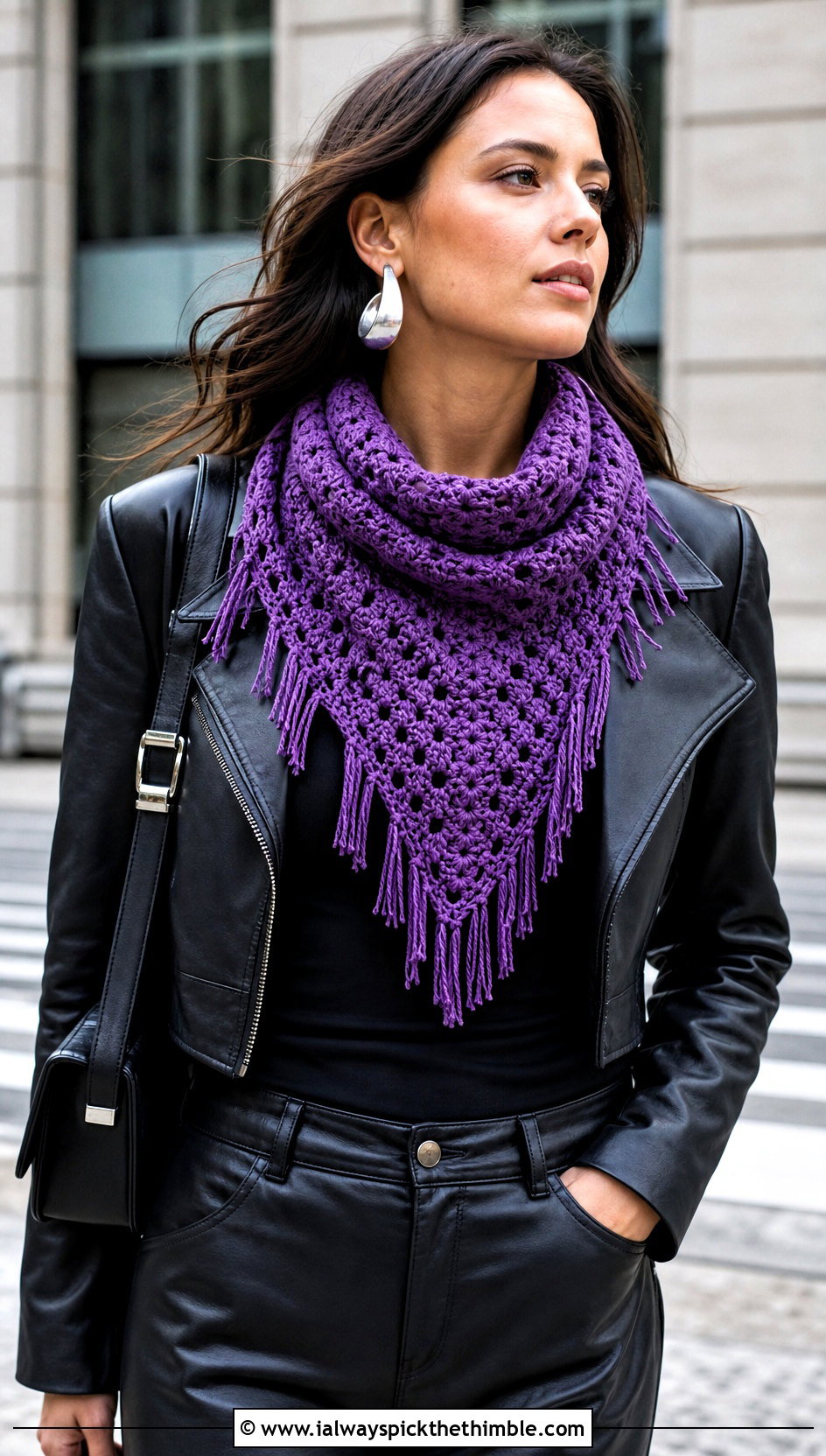 Fringe One Skein Triangle Crochet Scarf With Leather Jacket - 15 One Skein Triangle Crochet Scarf outfit ideas