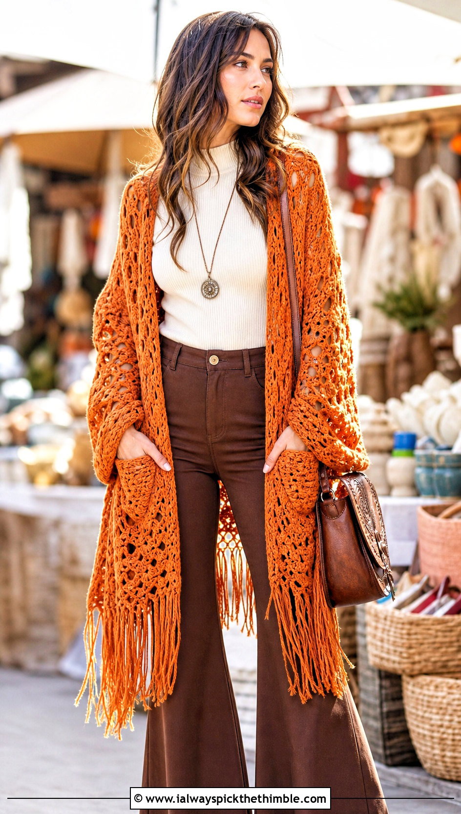 Fringe Pocket Crochet Shawl With Flared Pants - 15 Pocket Crochet Shawl outfit ideas