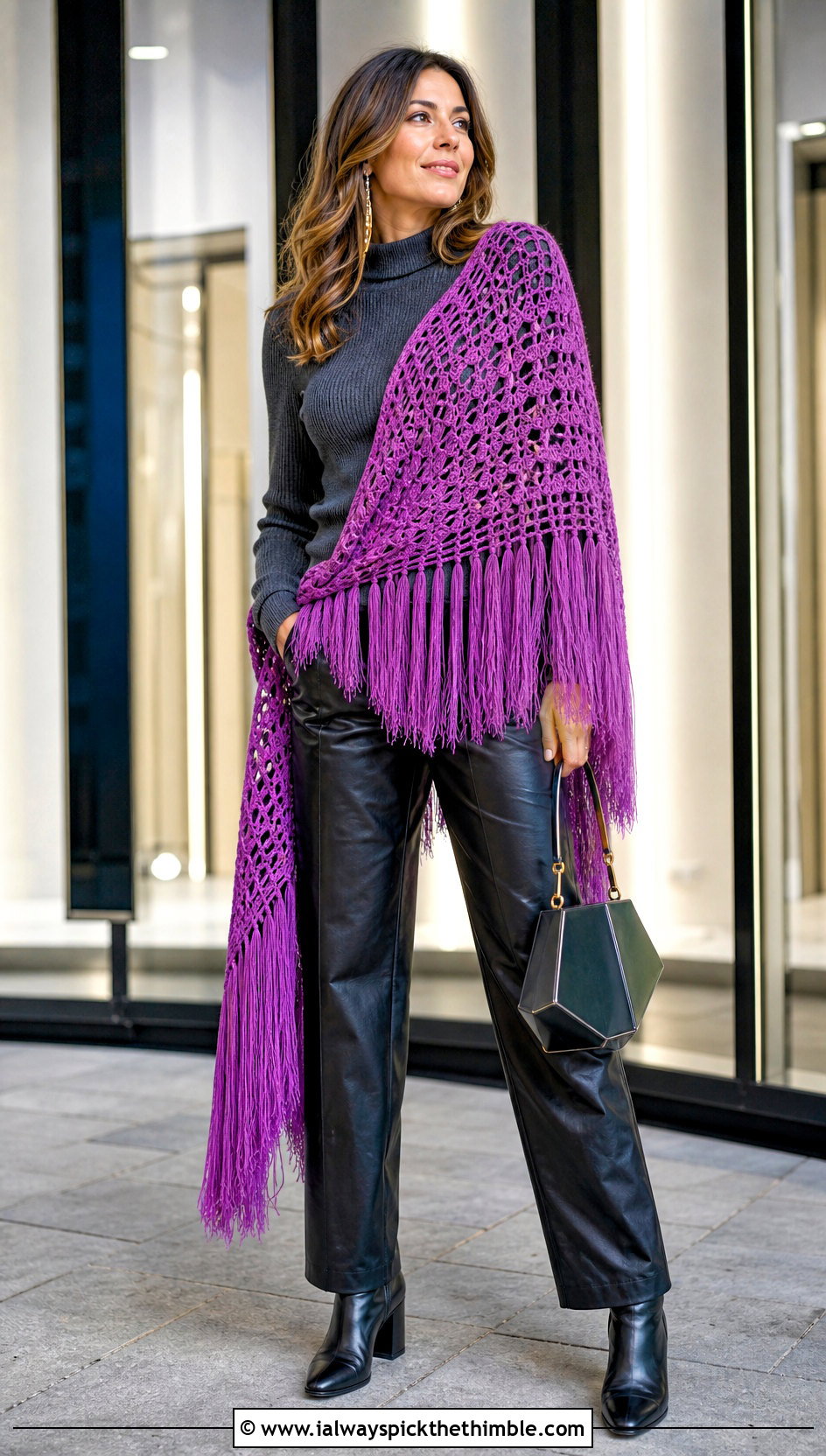 Fringe Prayer Shawl With Leather Pants - 25 crochet prayer shawl outfit ideas