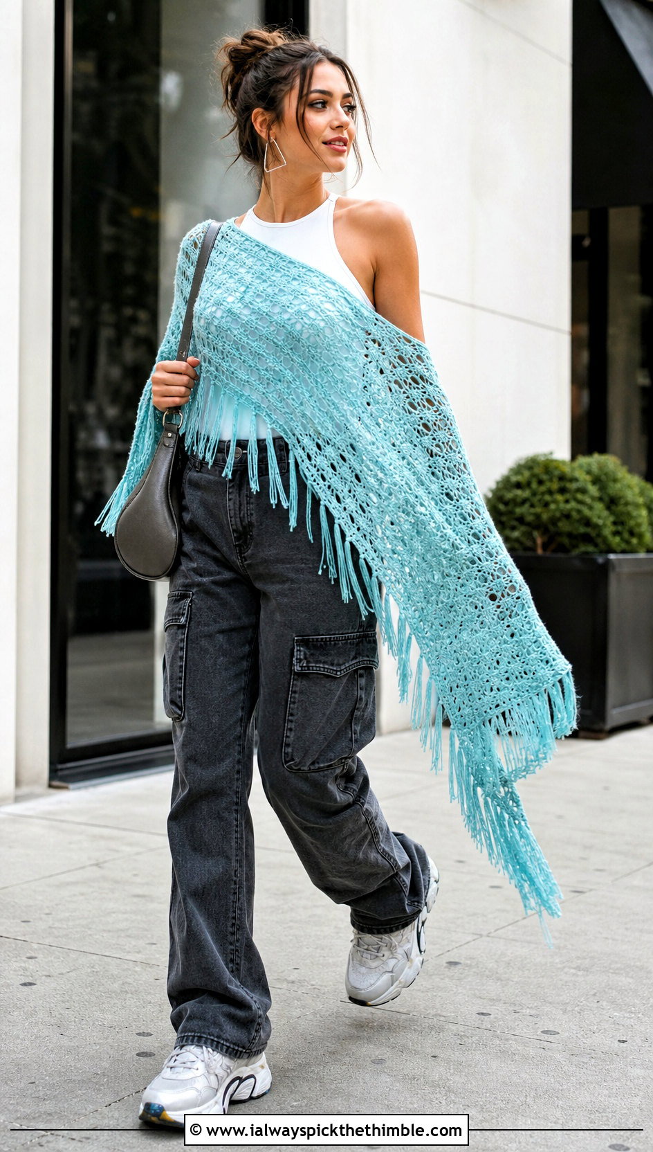 Fringe Rectangle Crochet Shawl With Cargo Jeans - 20 Easy Crochet Rectangle Shawl outfit ideas