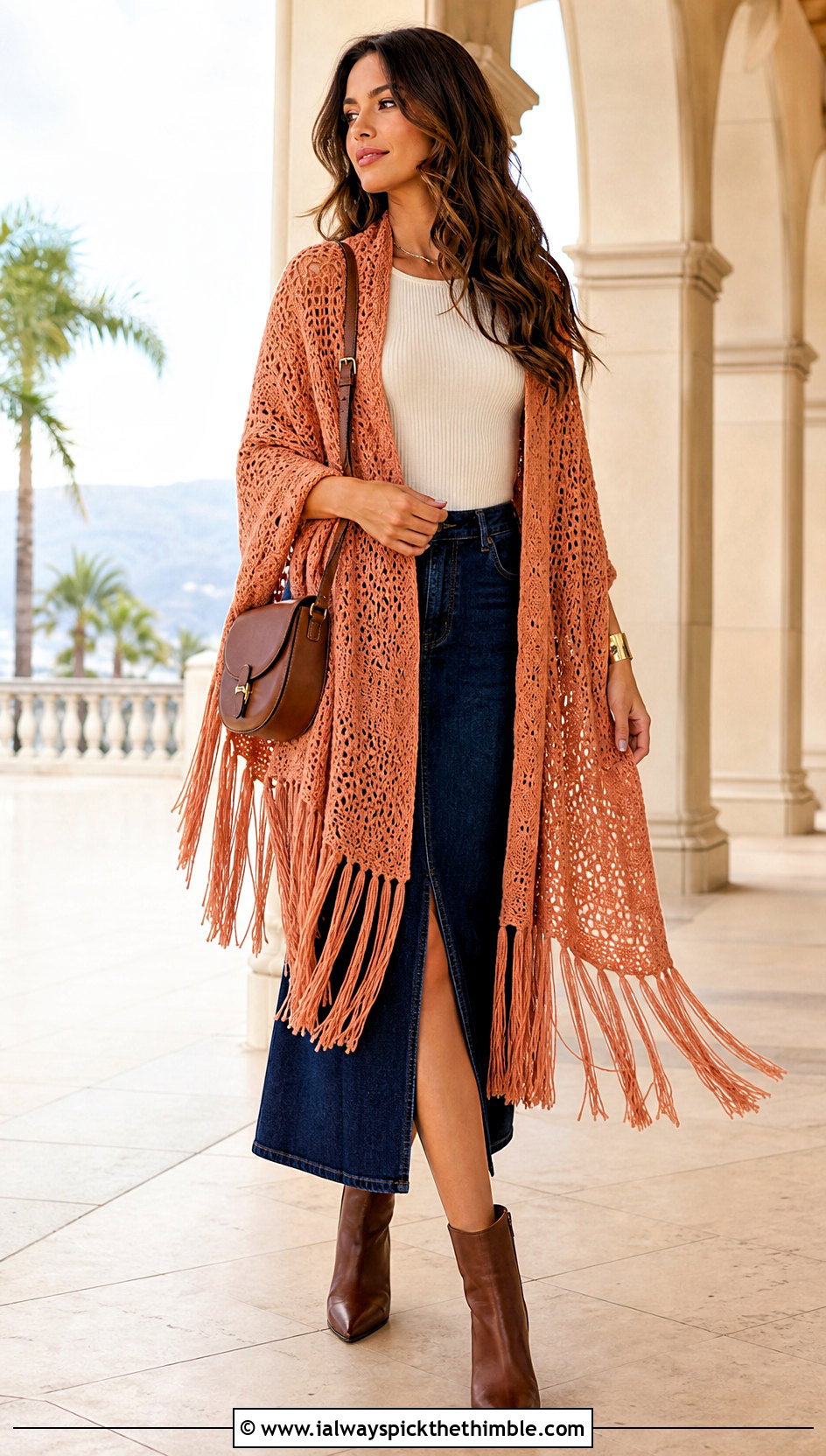 Fringe Rectangle Crochet Shawl With Denim Skirt - 20 Rectangle Crochet Shawl outfit ideas