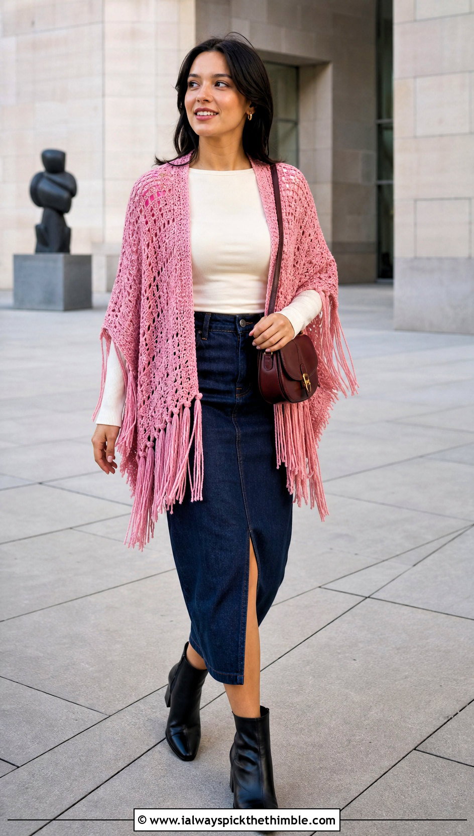 Fringe Rectangle Crochet Shrug With Denim Midi Skirt - 20 Rectangle Crochet Shrug outfit ideas