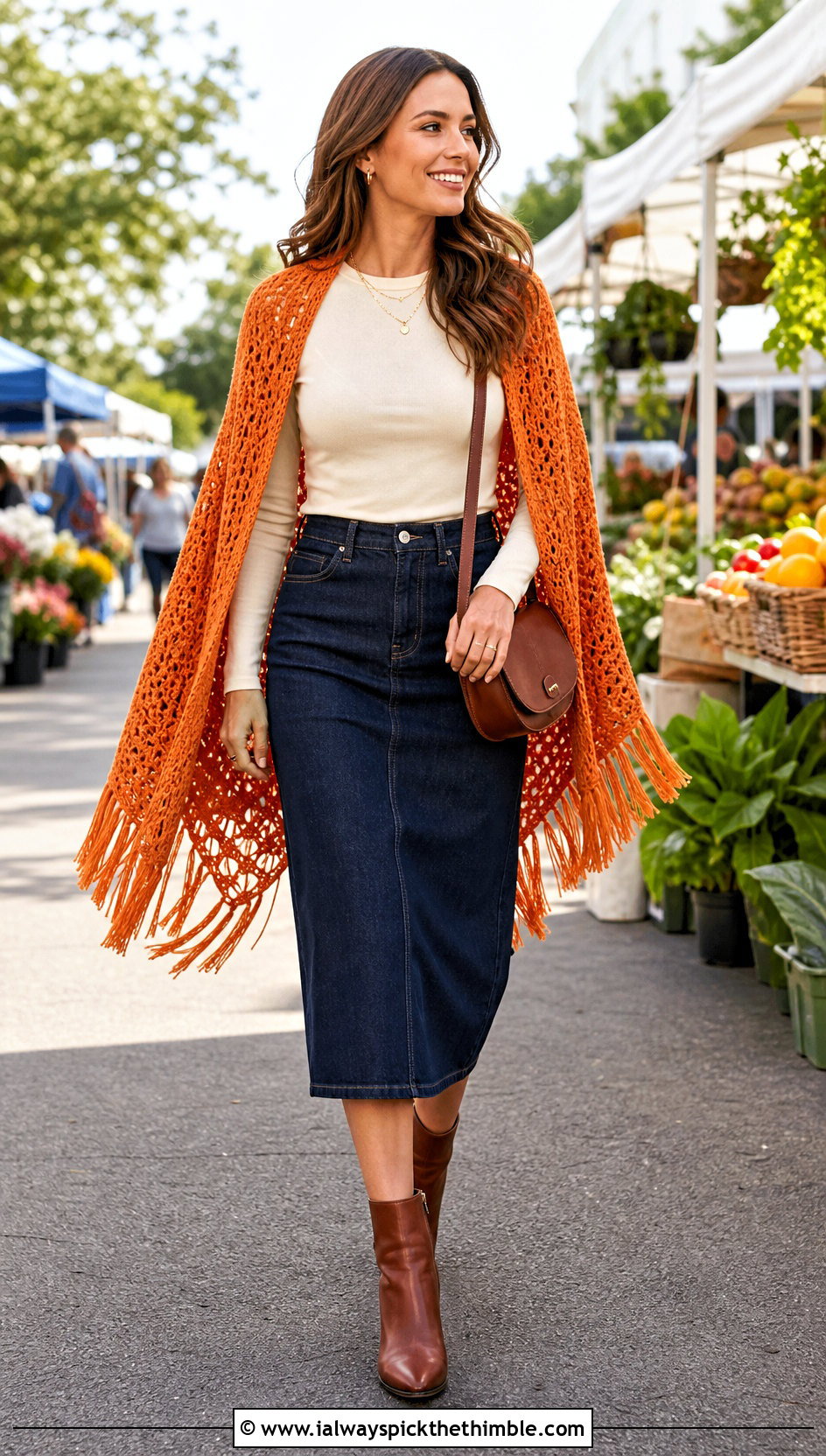 Fringe Rectangle Crochet Wrap With Denim Skirt - 20 Rectangle Crochet Wrap outfit ideas